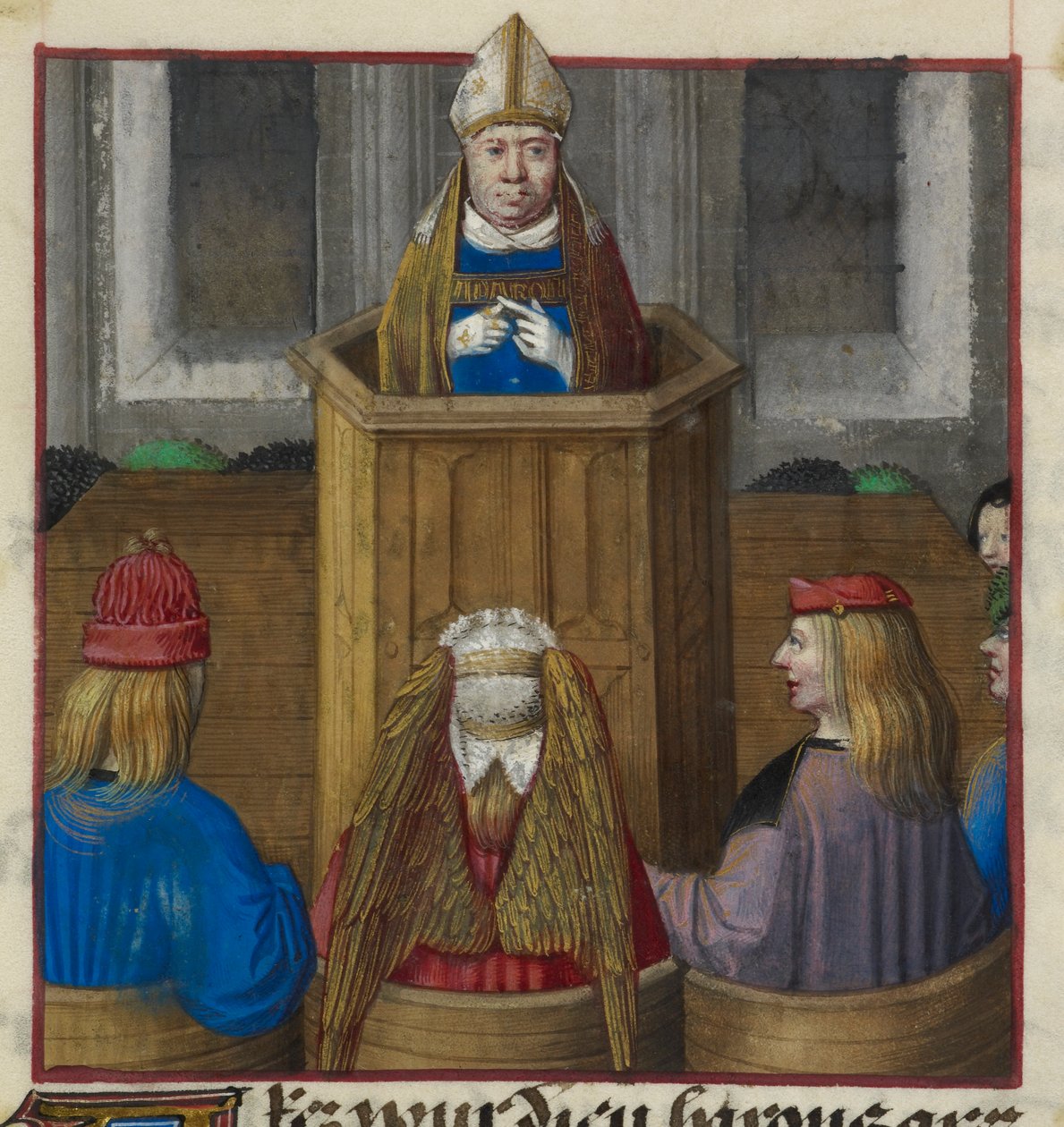 (detail) van een miniatuur van een priester die predikt tot de legers van Venus, uit 