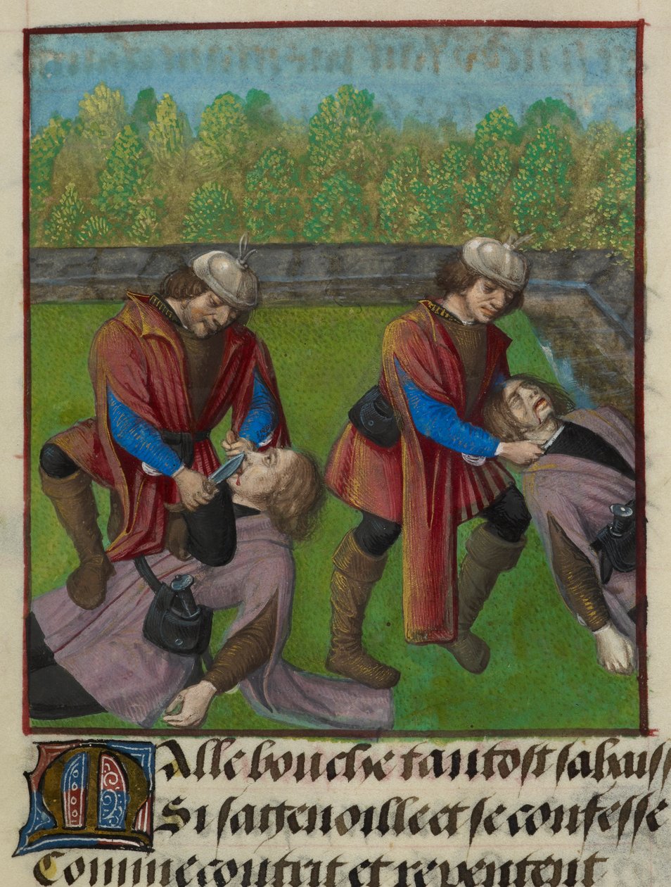 (detail) van een miniatuur die Abstinence Contrainte (Gedwongen Onthouding) en Faux Semblant (Valse Schijn) toont die Malebouche (Kwaadspreker) doden en zijn tong afsnijden, uit 