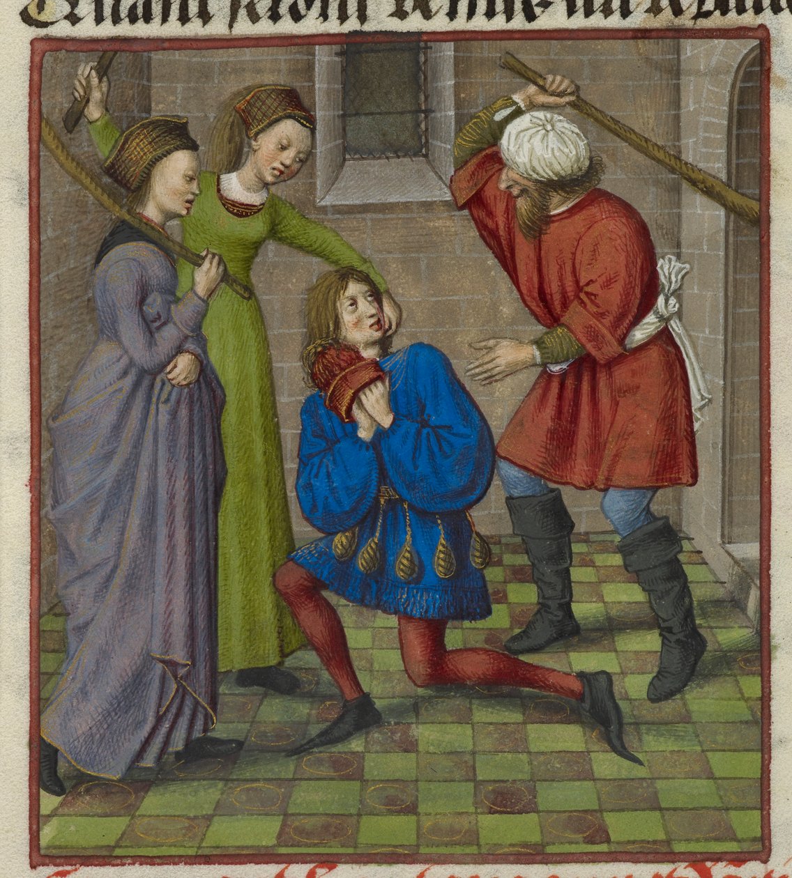 Detail van een miniatuur die Honte, Peur en Danger toont die de Minnaar aanvallen, uit 