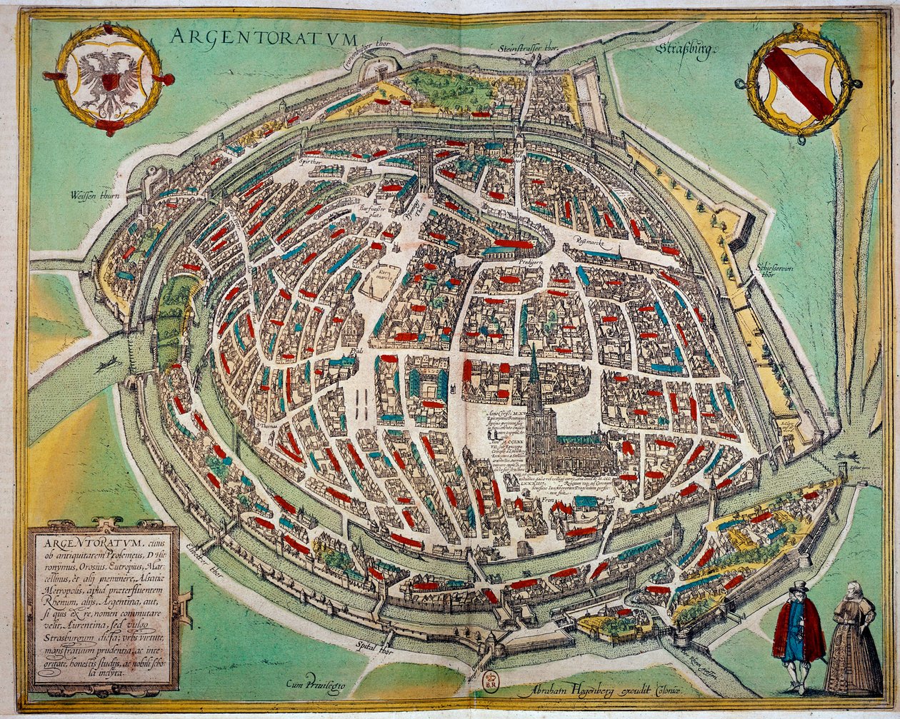 Gedetailleerde kaart van de stad Straatsburg gemaakt door Abraham Hogenberg (ca. 1608-1653). Gravure van de 17e eeuw Parijs B.N. door Unknown artist