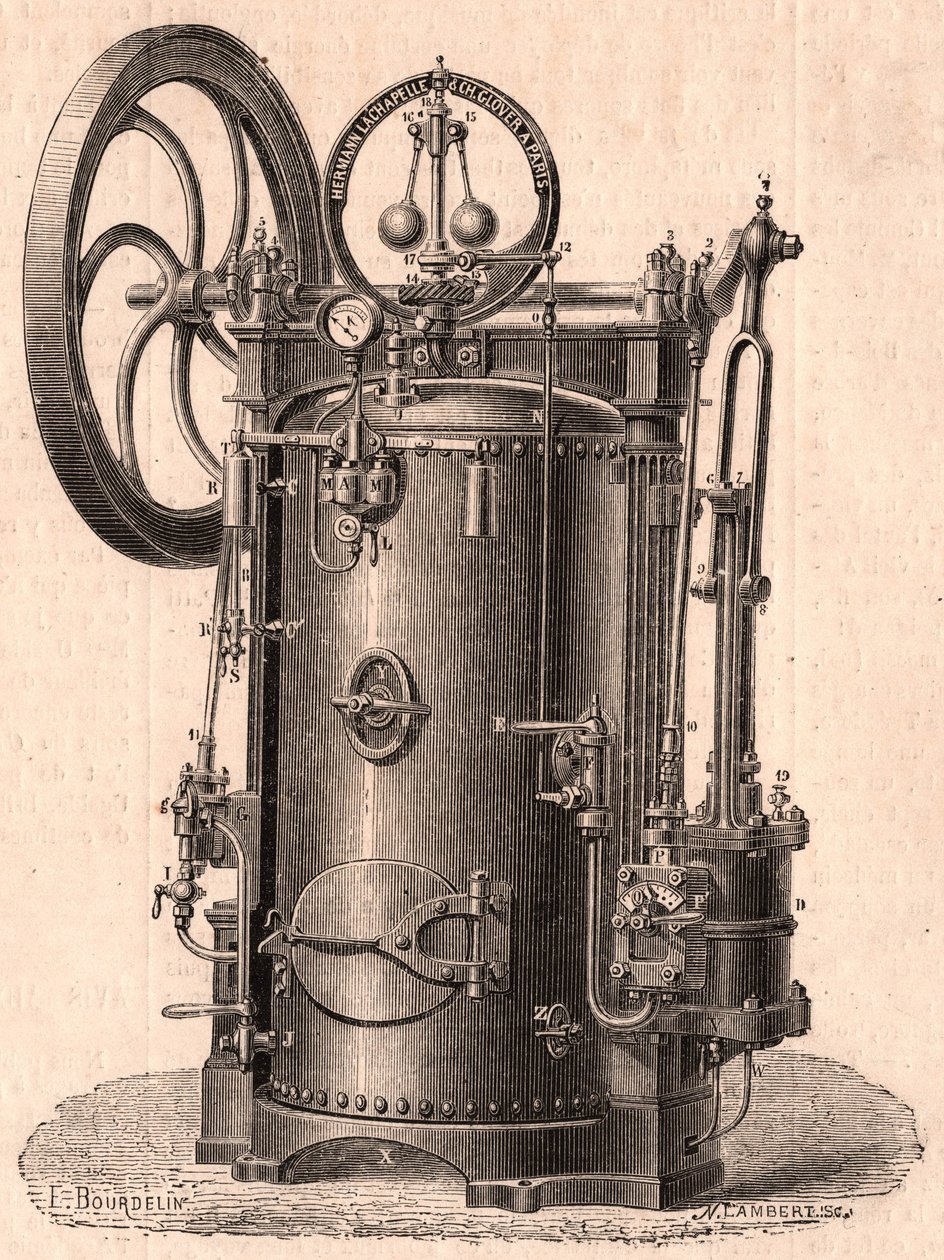 Gedetailleerd technisch overzicht van een kleine stoommachine geproduceerd in Parijs in 1866: ketel, cilinder, zuiger, drijfstang en vliegwiel door Unknown