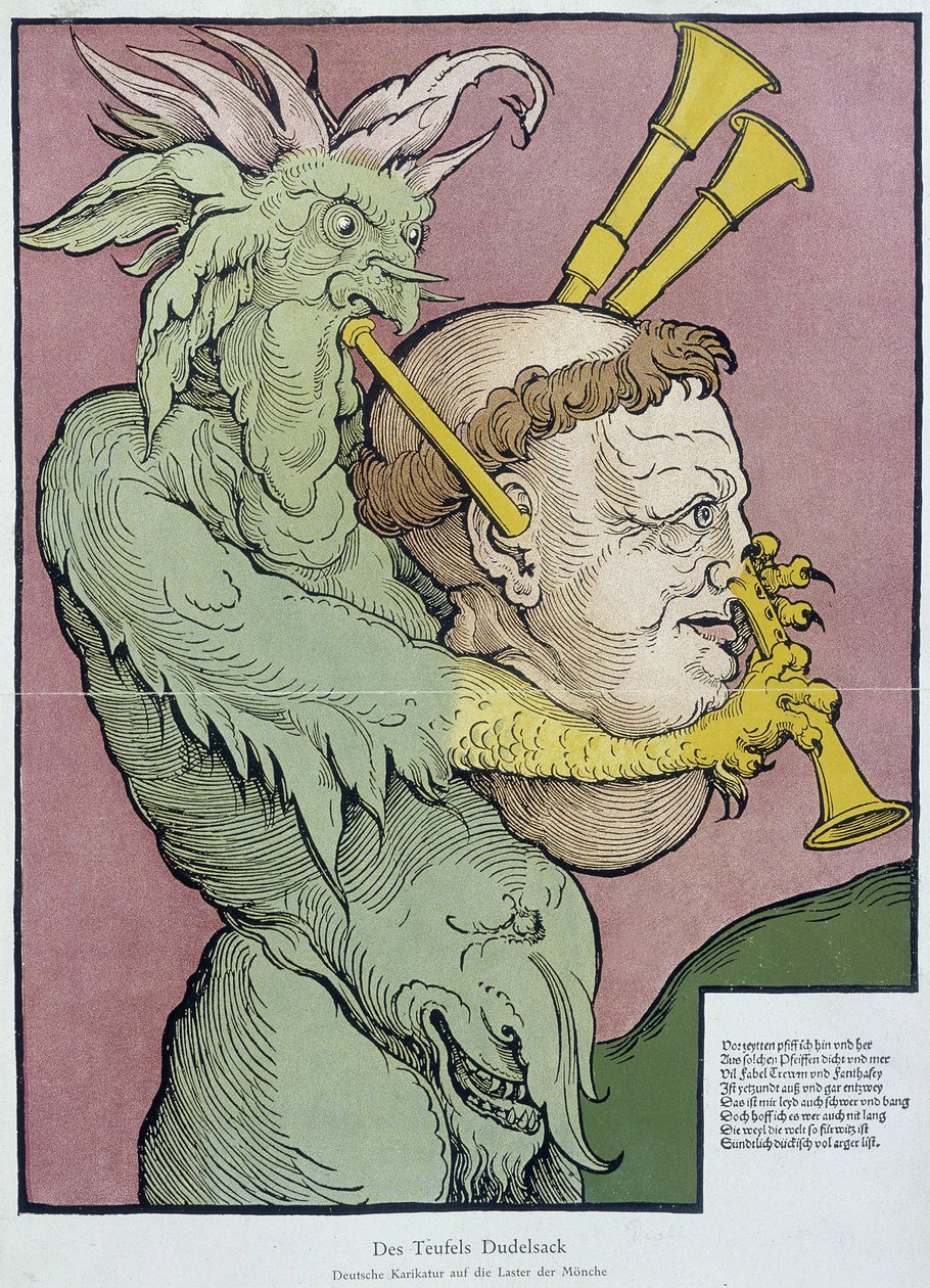 Duivel die doedelzak speelt met een monnikshoofd - gravure door Unknown artist