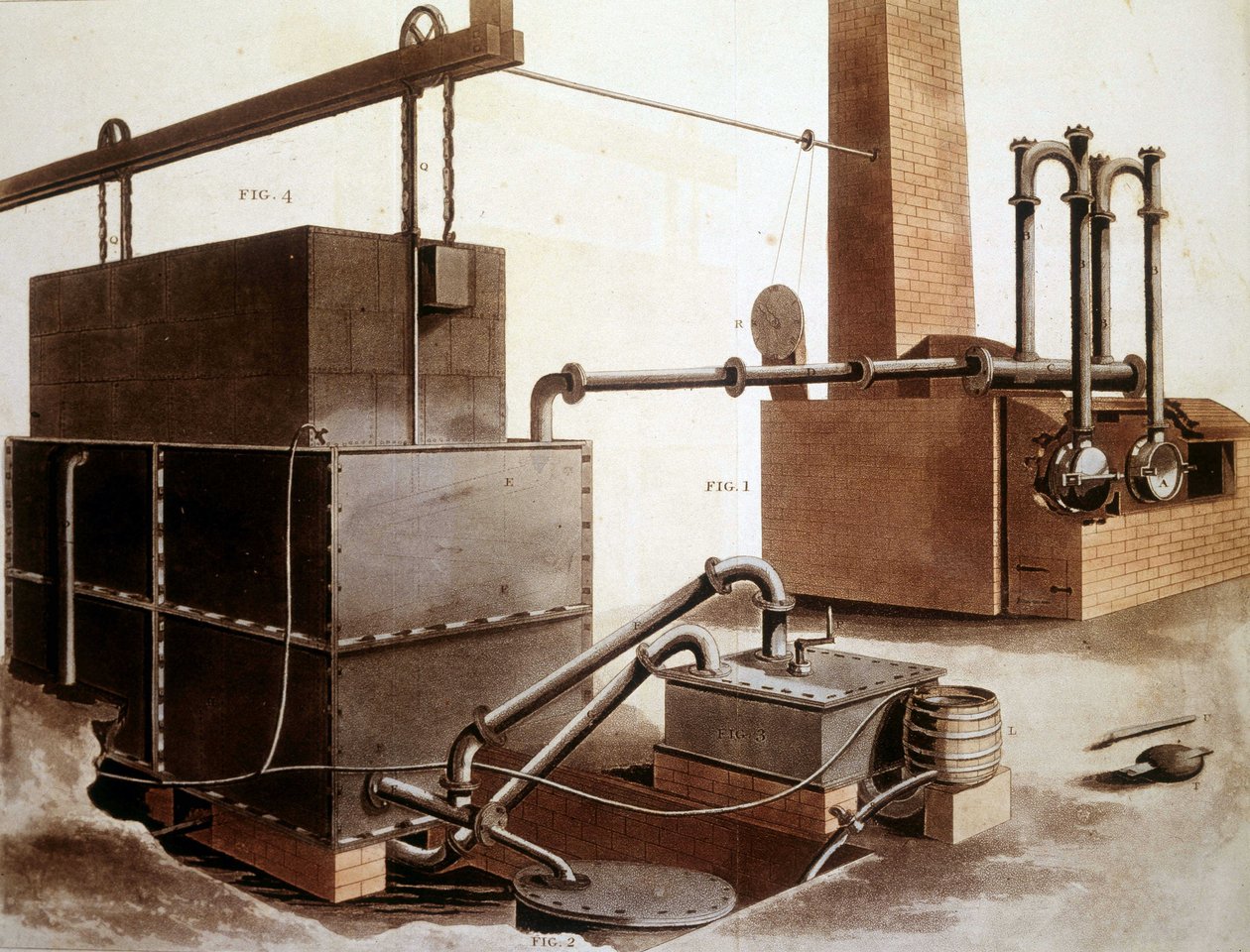 Diagram dat de productie van steenkoolgas uitlegt, Londen 1815 door Unknown artist