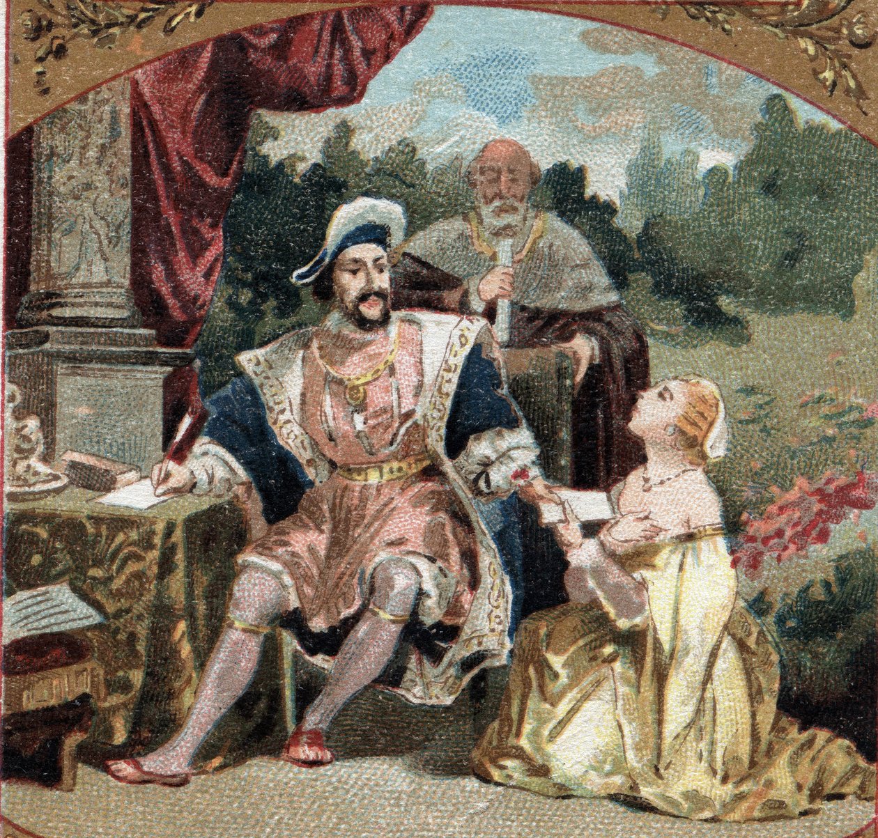 Diane de Poitiers (1499-1566) dame van Brézé, in het kasteel van Anet smeekt François I (1494-1547) om genade voor haar vader. Chromolithografie uit de late 19e eeuw door Unknown artist