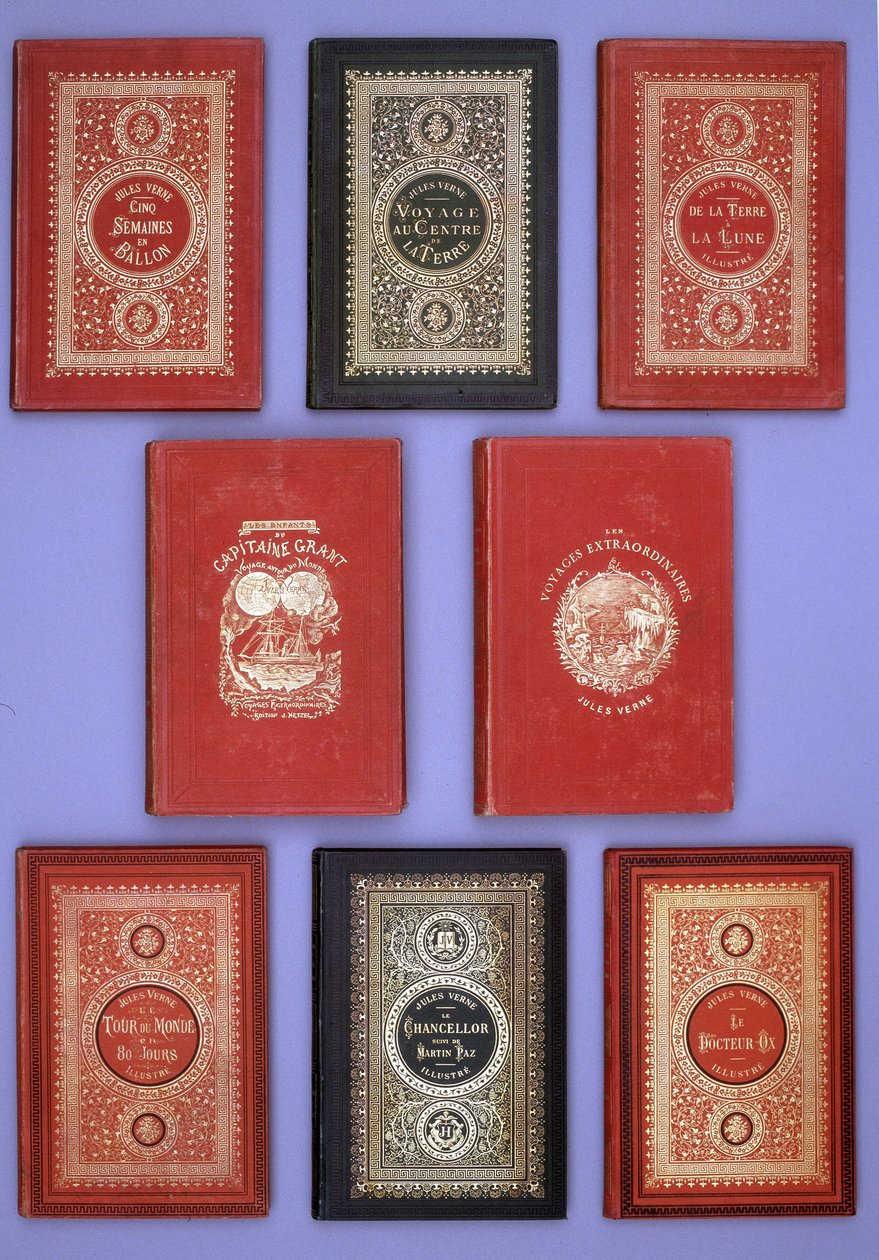 Verschillende omslagen van boeken van Jules Verne uitgegeven in Hetzel-edities. Verne bibliotheekcollectie. Parijs. door Unknown artist