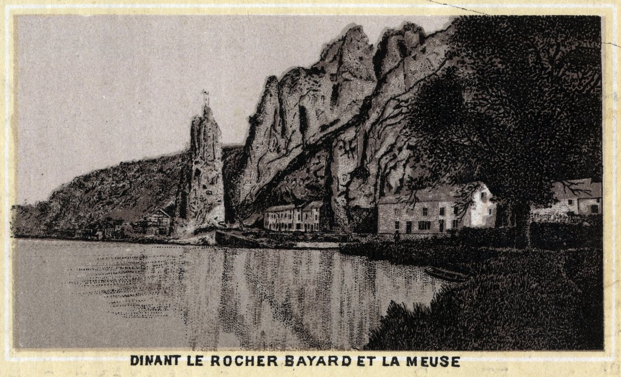 Dinant, de Rocher Bayard en de Maas, Wallonië, België. Chromolithografie van het einde van de 19e eeuw. door Unknown artist