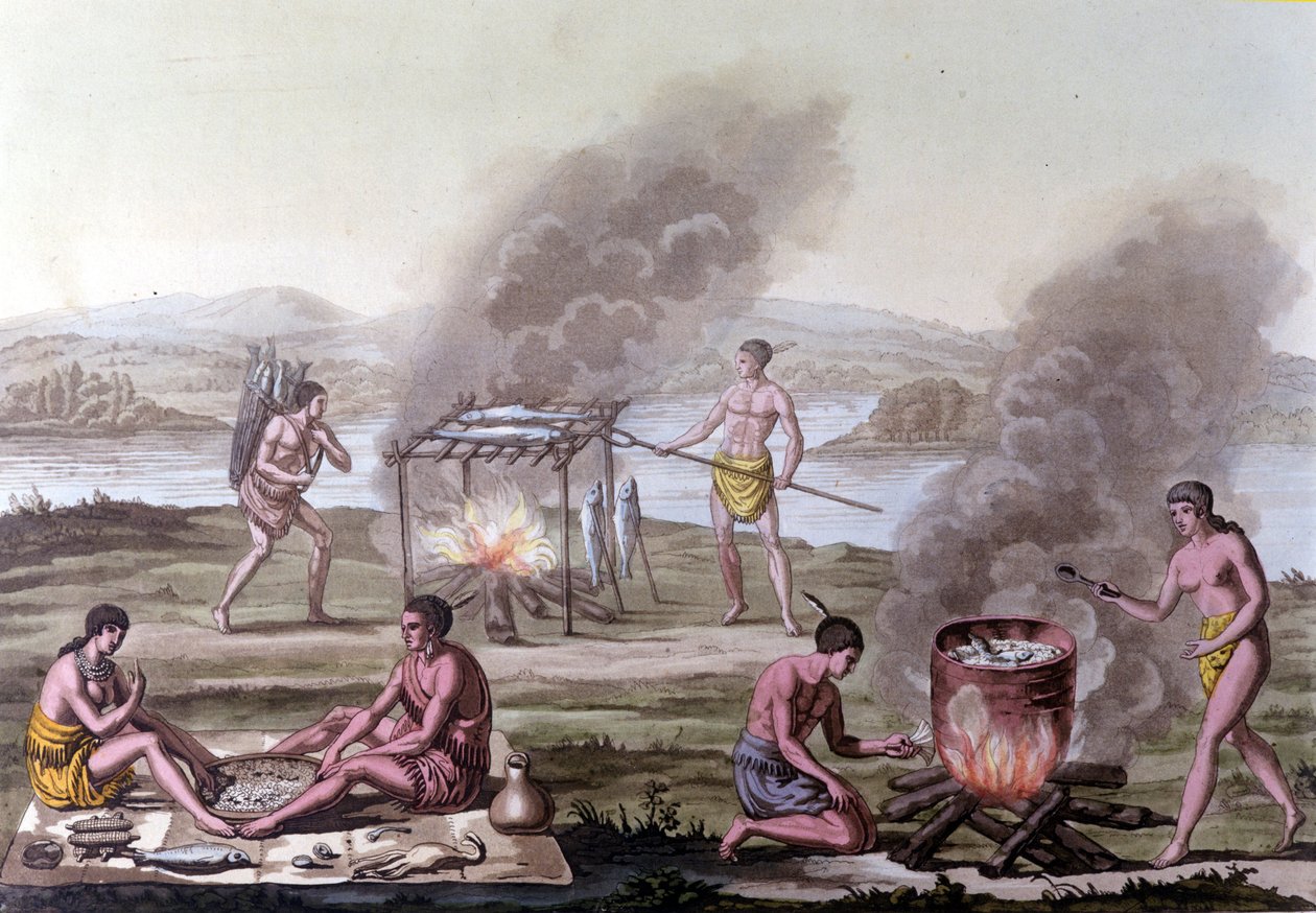 Eet- en kookscène onder de Florida-indianen. Gravure uit de 17e eeuw. door Unknown artist