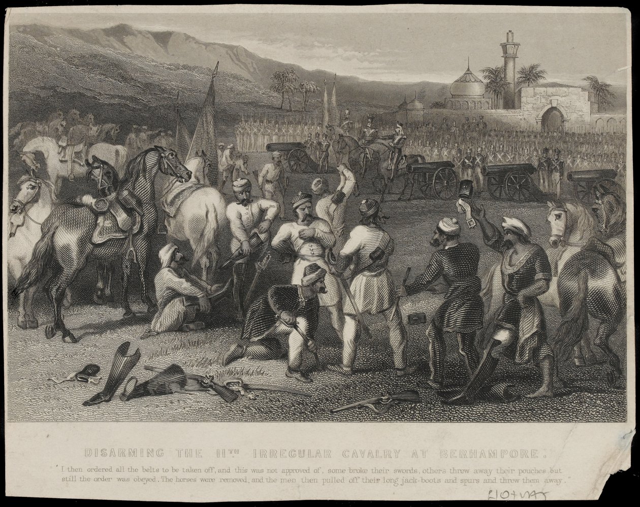 Ontwapening van de 11e Reguliere Cavalerie in Berhampore door Unknown artist