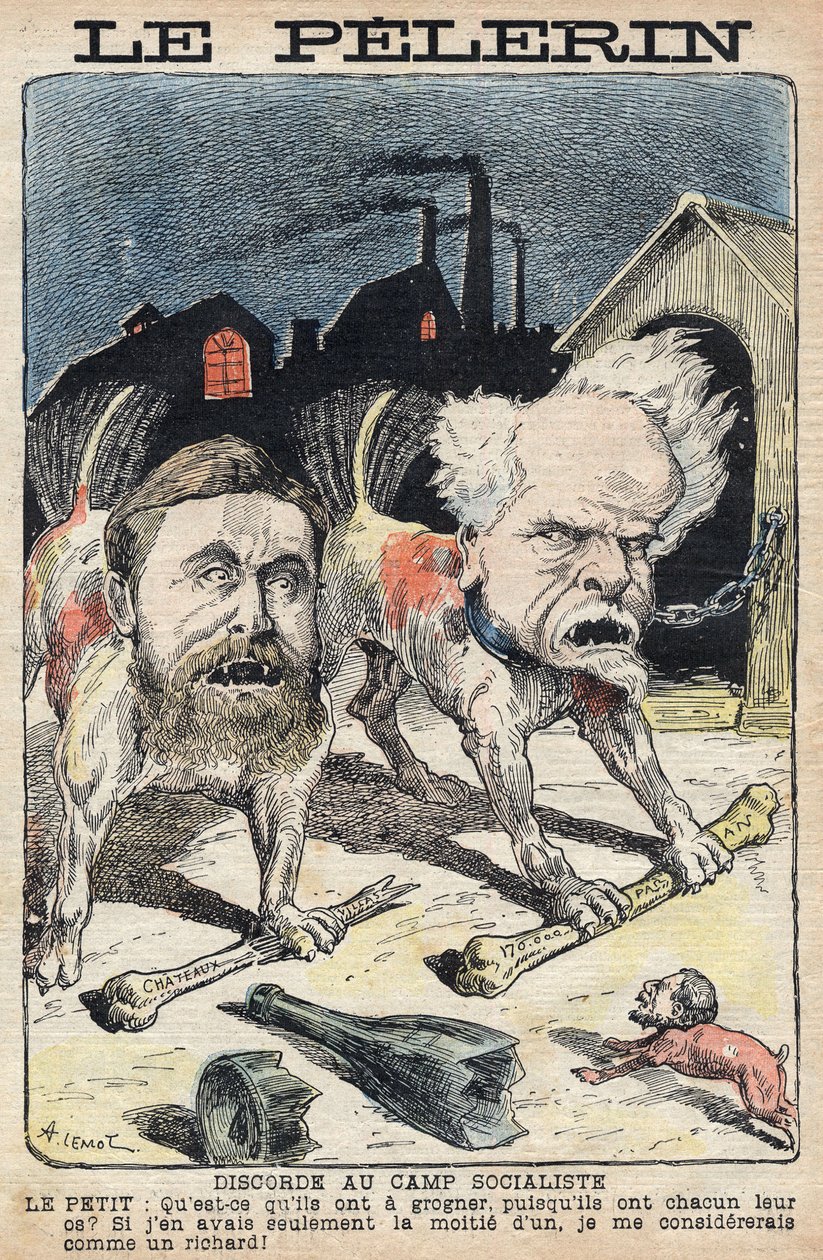 Geschillen tussen de socialisten Jean Jaures (1859-1914) (links) en Henri Rochefort (1831-1913) (rechts). Illustratie in Le Pelerin van 19 juni 1898. door Unknown artist
