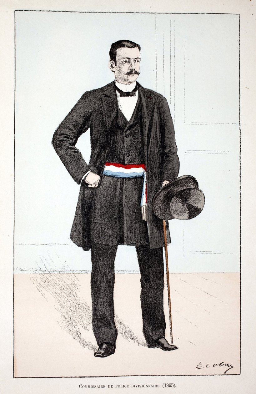 Afdelingspolitiecommissaris (1896). Kleurgravure, ter illustratie van 