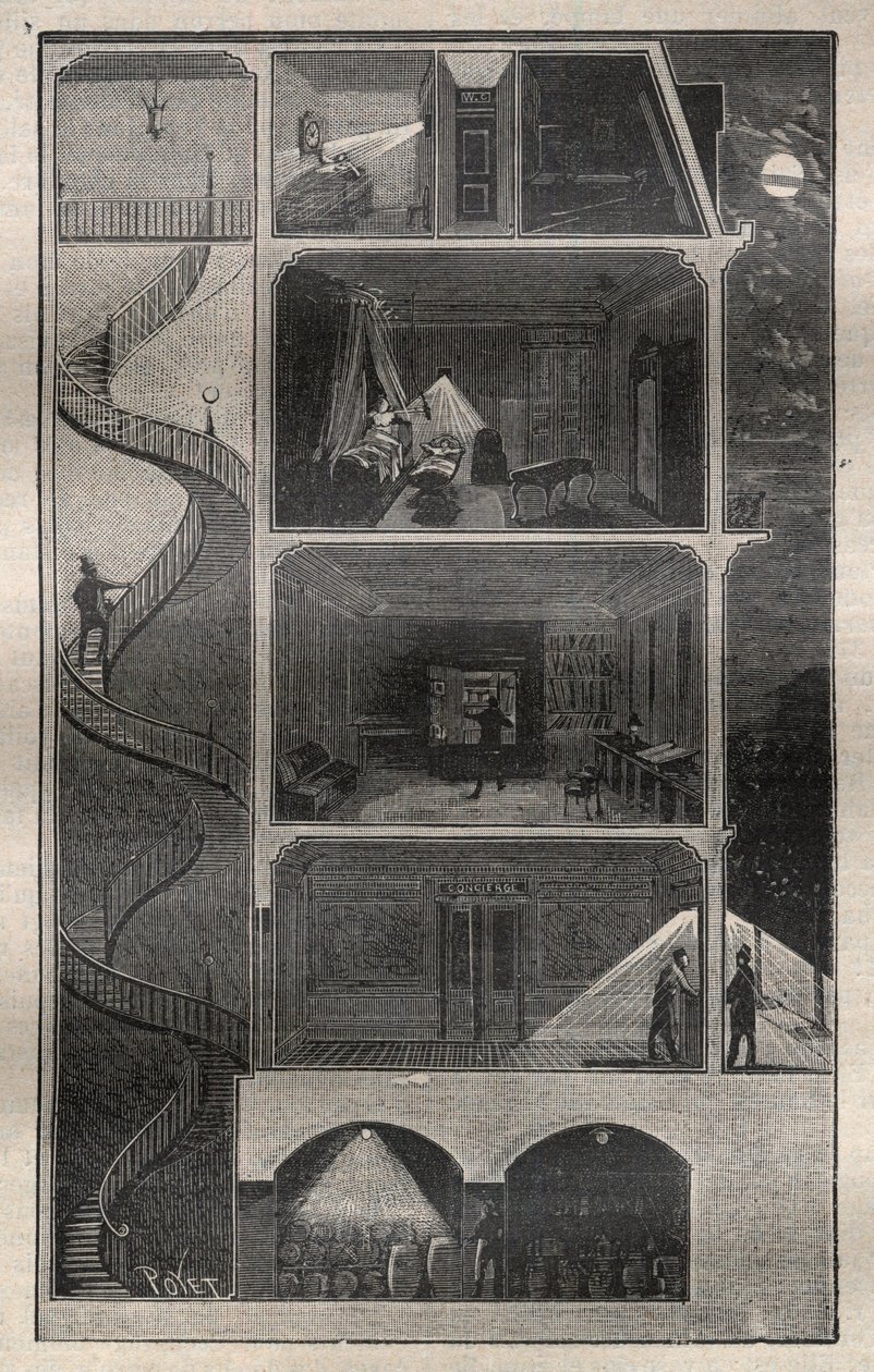 Huishoudelijke elektriciteit: Doorsnede van een gebouw uitgerust met elektriciteit - Gravure uit 