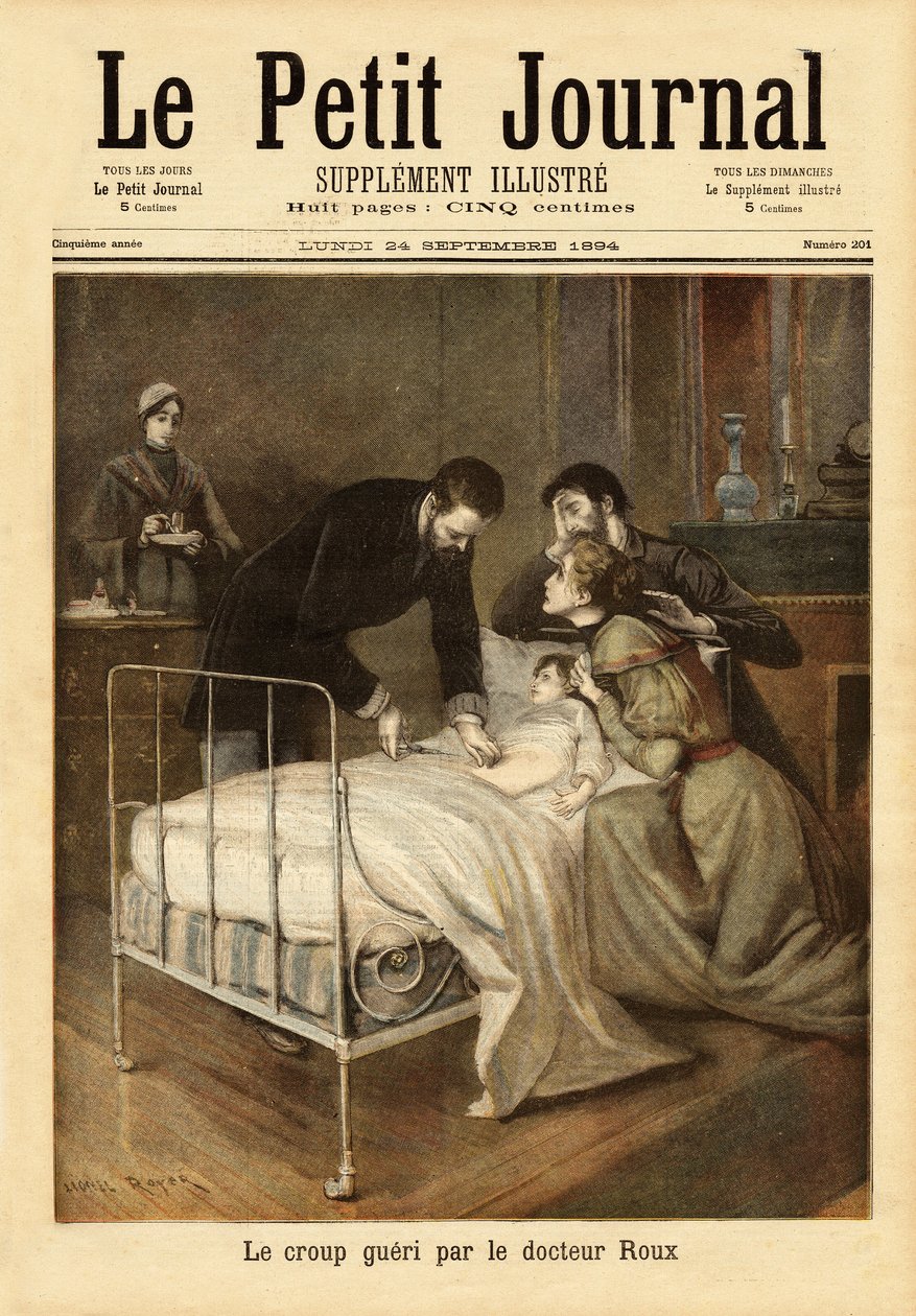 Dr. Emile Roux (1853-1933), bacterioloog, medewerker van Louis Pasteur (1822-1895), die het vaccin tegen kroep ontwikkelde (complicatie van mazelen bij kinderen). Gravure in 
