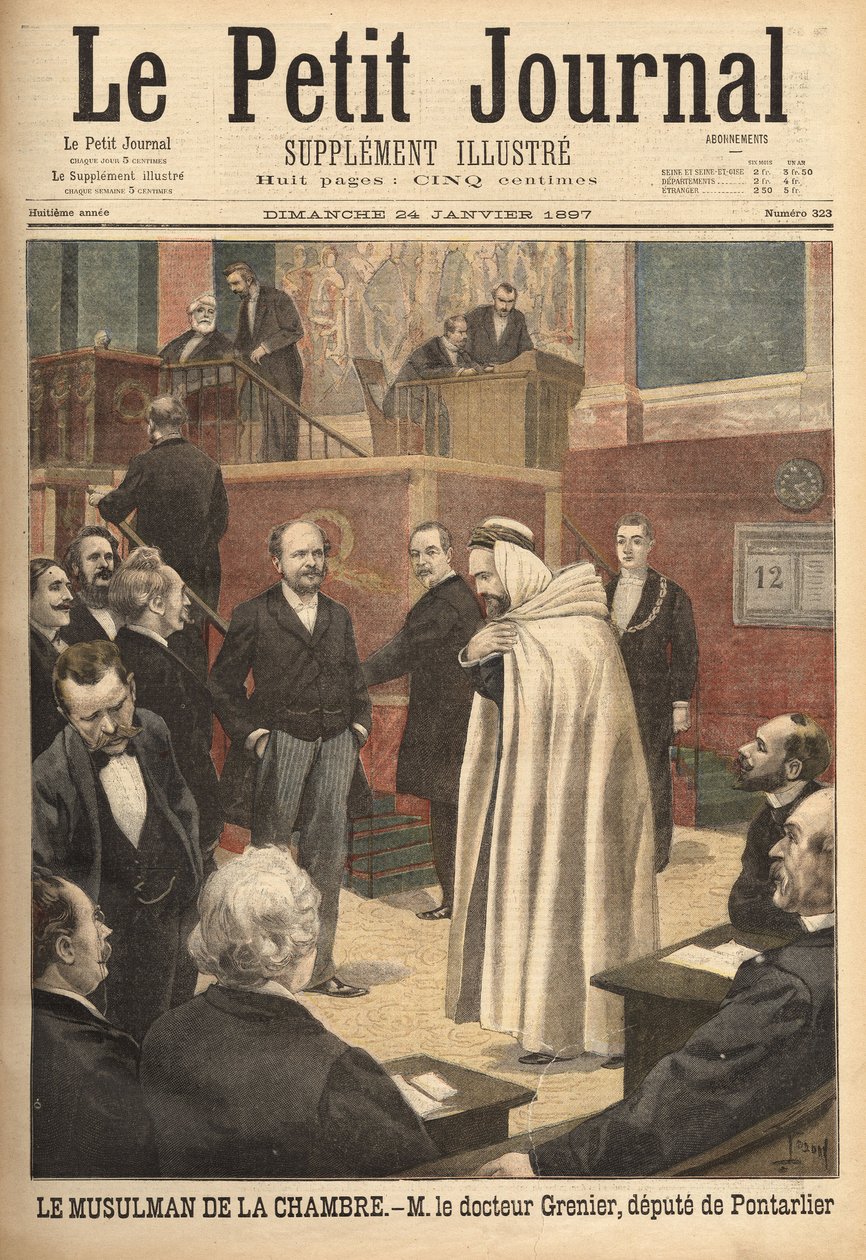 Dr. Grenier, een afgevaardigde van Pontarlier, recent bekeerd tot de islam, veroorzaakt een schandaal door in Arabisch kostuum naar de kamer van afgevaardigden te gaan. Gravure in 