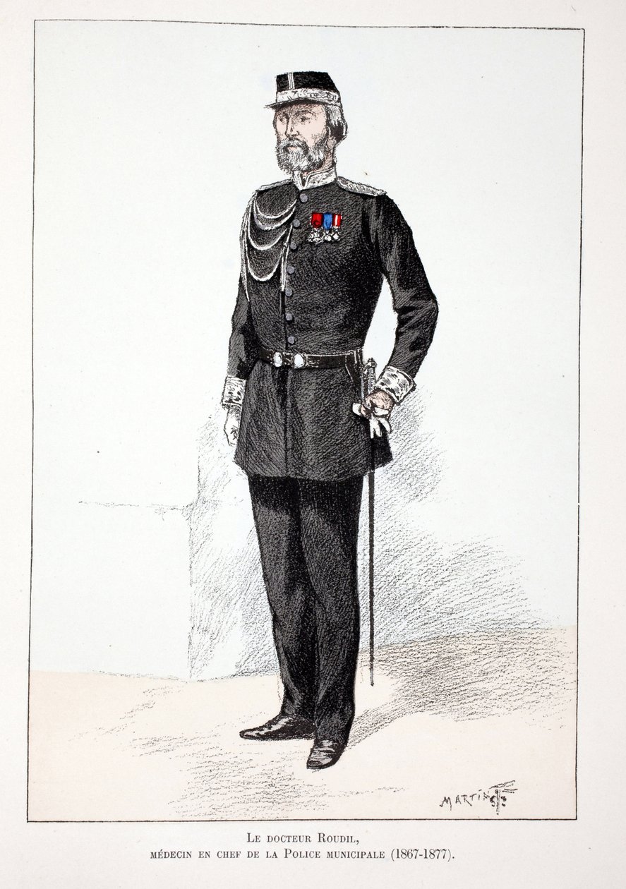 Dr. Roudil, hoofdarts van de gemeentepolitie (1867-1877). Kleurgravure, ter illustratie van het boek Histoire du corps des gardiens de la paix, gepubliceerd onder auspiciën van Louis Lepine (1846-1933) prefect van politie van de Seine, door Alfred Rey (186 door Unknown artist