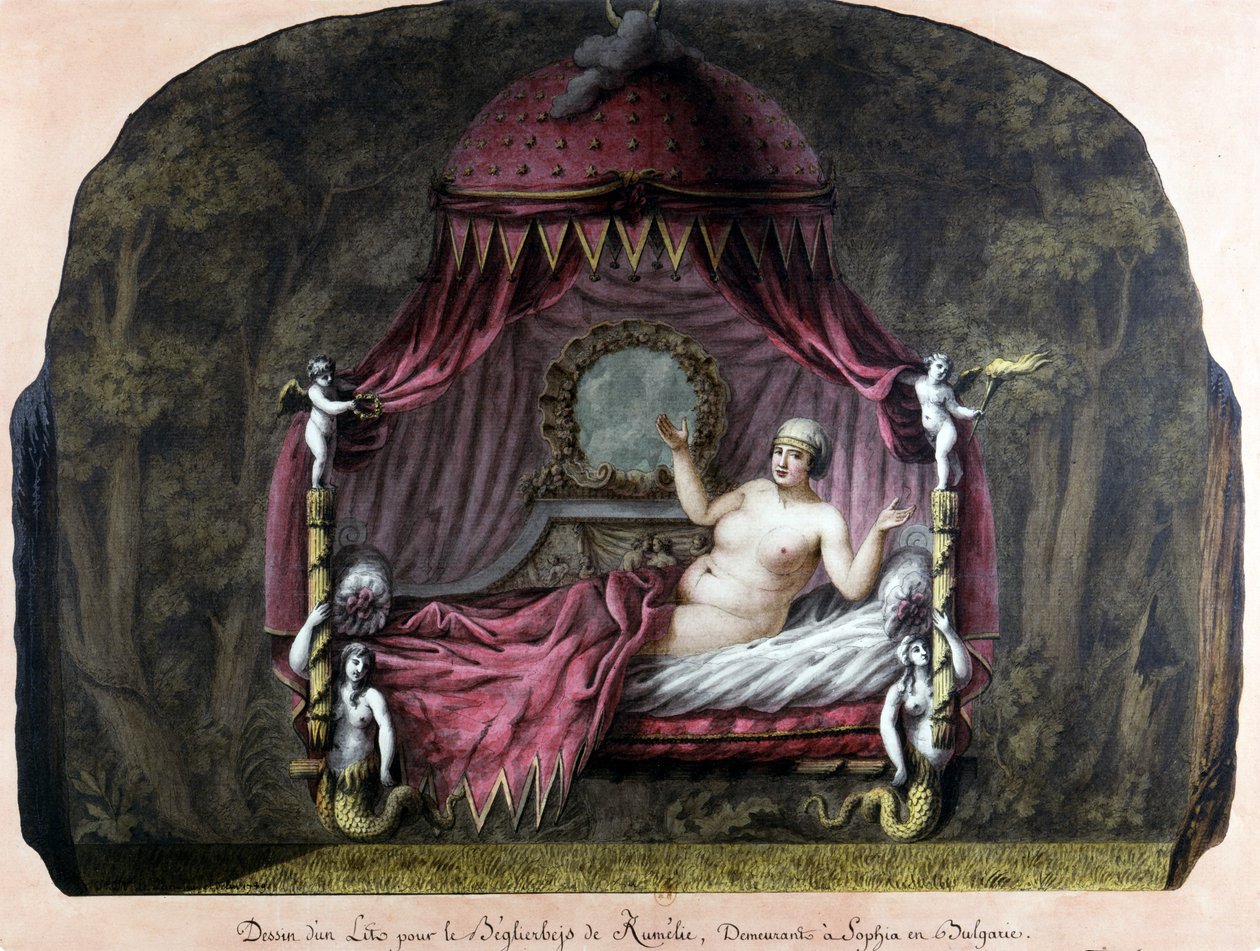 Tekening van een bed voor de bey van Roumelie, woonachtig in Sofia, Bulgarije. Een naakte vrouw nodigt haar uit om zich bij haar te voegen. J. J. Lepreu door Unknown artist