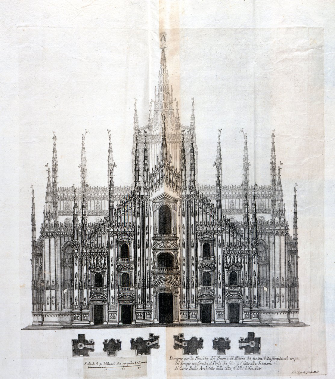 Tekening van de gevel van de Duomo van Milaan die de uniformiteit met het gebouw toont. Veel architecturale projecten werden rond de 17e eeuw ontworpen om de gevel te voltooien die onafgewerkt was gebleven door Unknown artist