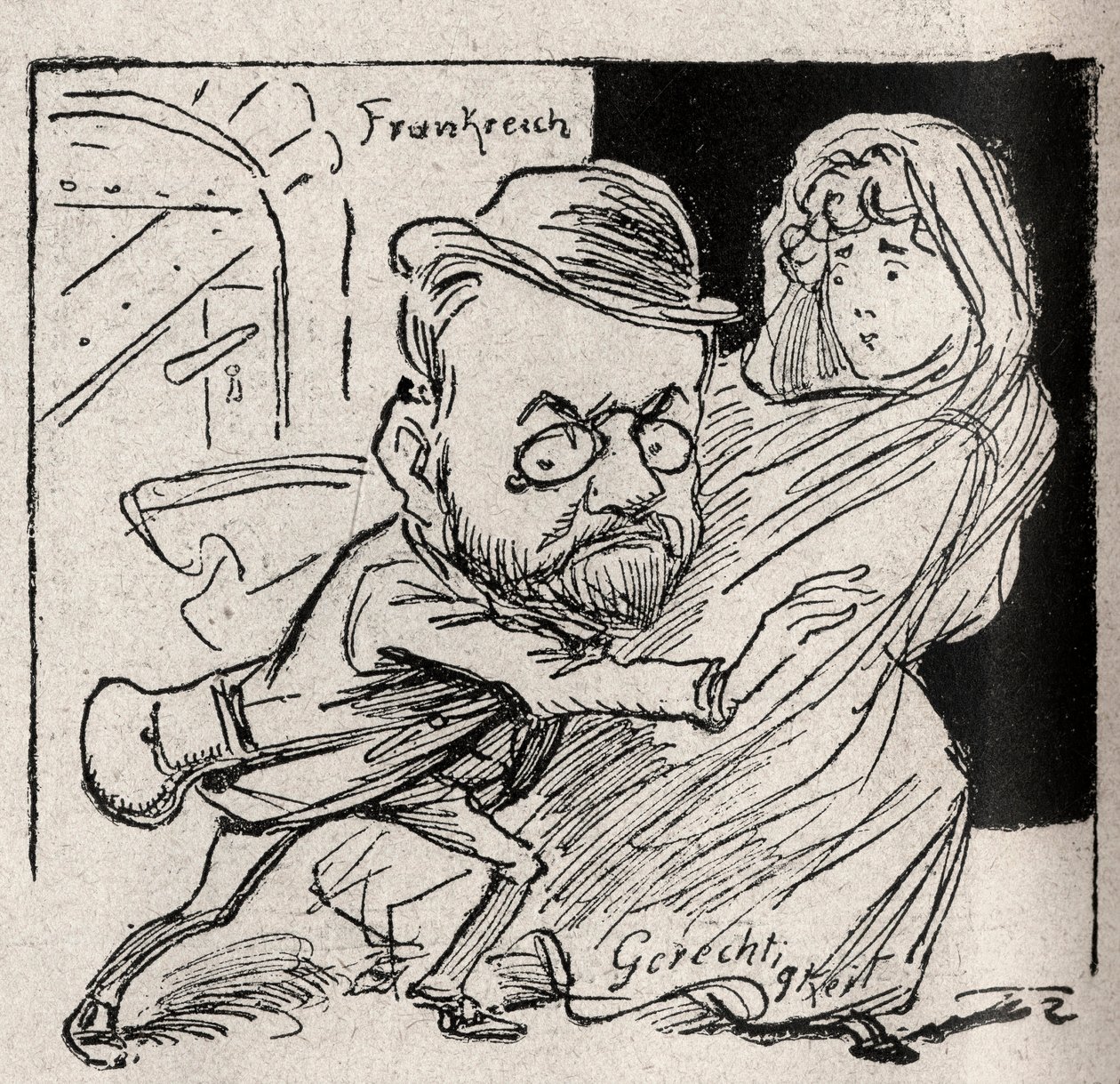 Dreyfus-affaire - Emile Zola heeft gerechtigheid: kom met mij, mijn schat, hier willen we ons niet langer horen - Tekening gepubliceerd in de Oostenrijkse krant 