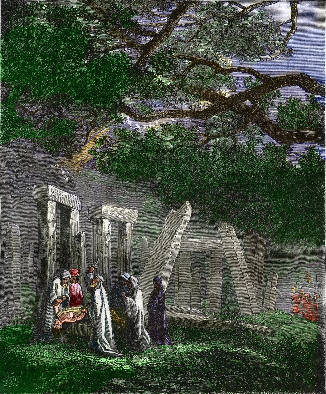 Druïden die een mensenoffer brengen bij Stonehenge gestopt door Romeinse soldaten - Mensenoffer door de druïden bij Stonehenge gestopt door de Romeinse soldaten tijdens het ritueel - Kleurgravure uit de 19e eeuw door Unknown artist