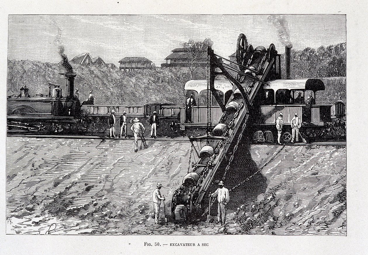 Droge graafmachine op de bouwplaats van het Suezkanaal door Unknown artist