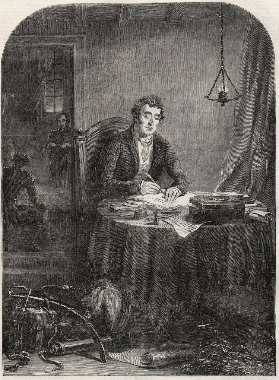 Hertog van Wellington (Arthur Wellesley (1769-1852)) schrijft een bericht na Waterloo, 19 juni 1815 - gravure 1852 door Unknown artist