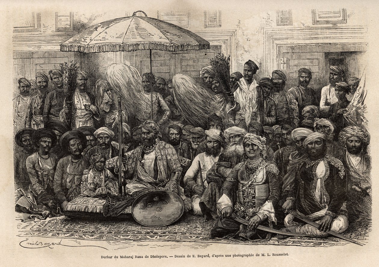 Durbar (feodale en juridische raad van een prinselijke staat) van Maharaja Rana, van het koninkrijk Dholepore (Rajasthan). Gravure ter illustratie van 