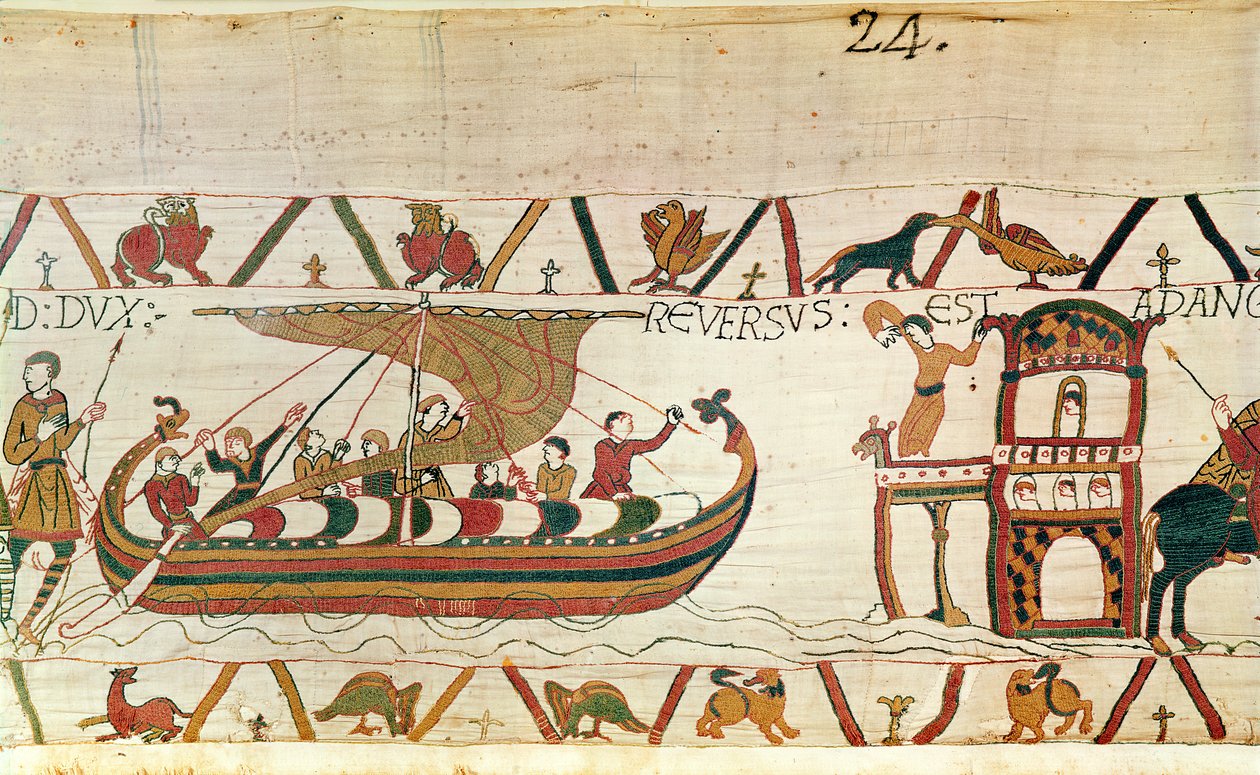 Graaf Harold keert terug naar Engeland, Tapijt van Bayeux door Unknown artist