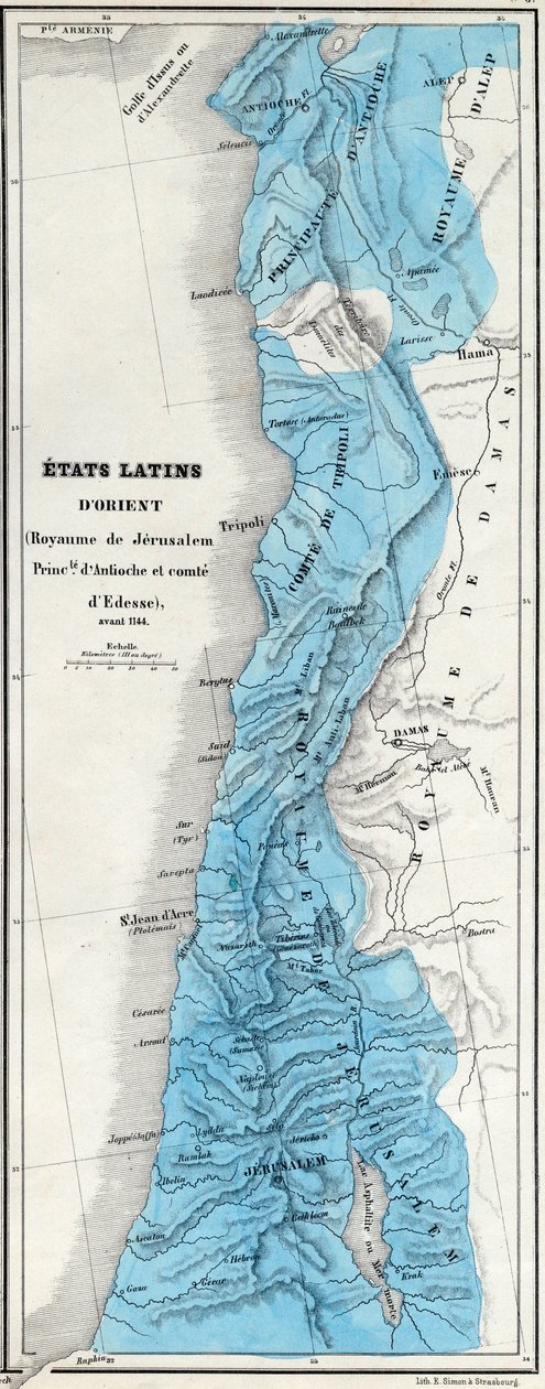 Oost-Latijnse Staten voor 1144 - Koninkrijk Jeruzalem - Vorstendom Antiochië - Graafschap Edessa - Kaart voorbereid door M J-H Schnitzler, Historische en Pittoreske Atlas 1858 door Unknown artist