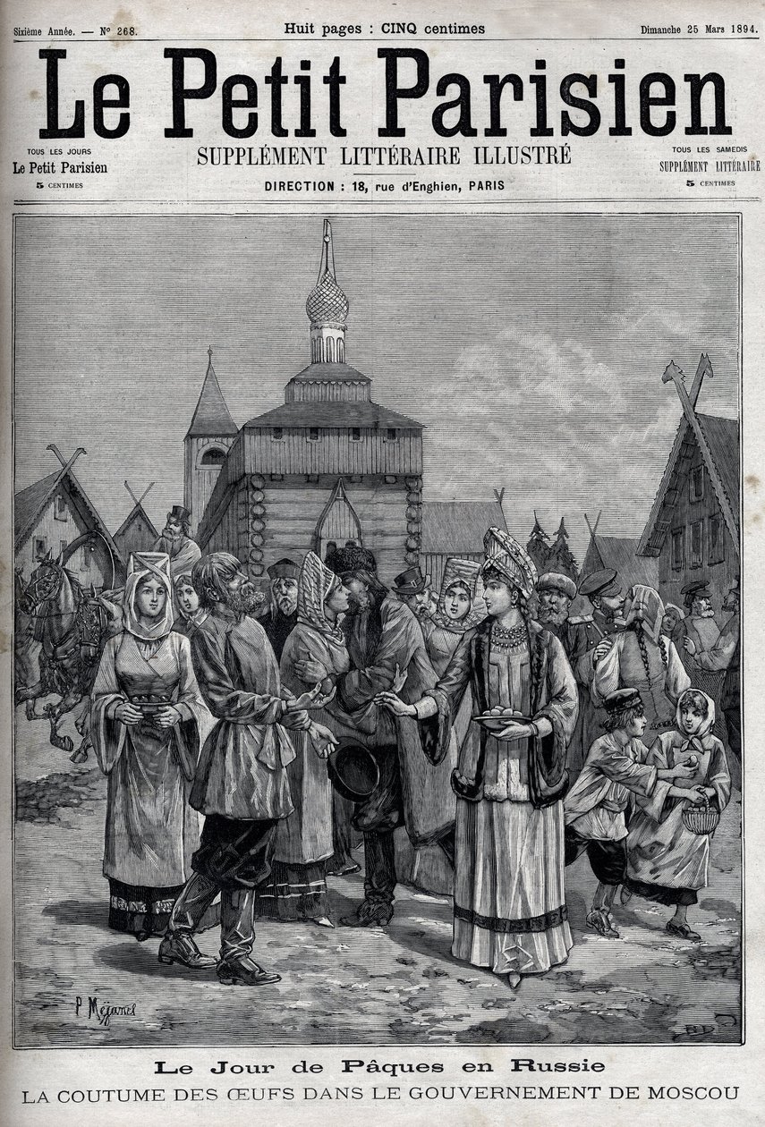 Paasdag in Rusland: de gewoonte van eieren in de regering van Moskou. Omhelzingen van de inwoners die rode eieren aanbieden om de opstanding van Christus te vieren. Gravure in 