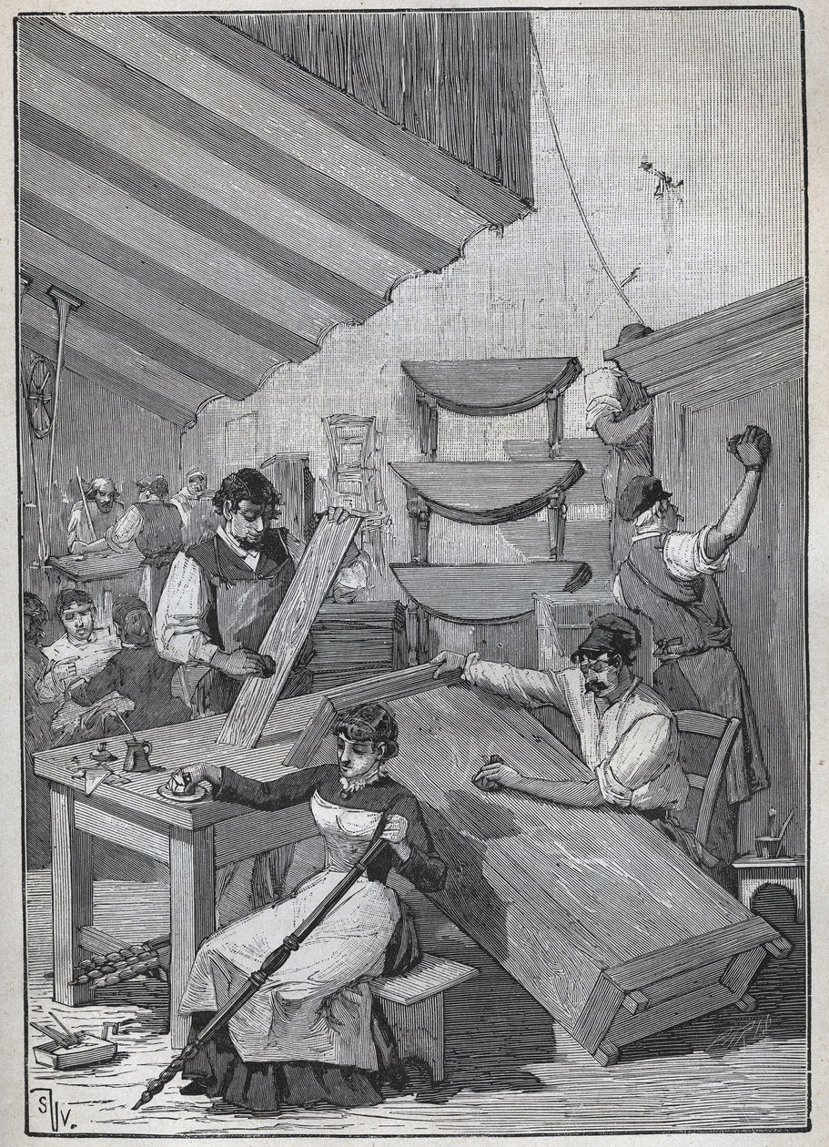 Ebenisterie: stempelverniswerkplaats. Gravure uit 1885 in 
