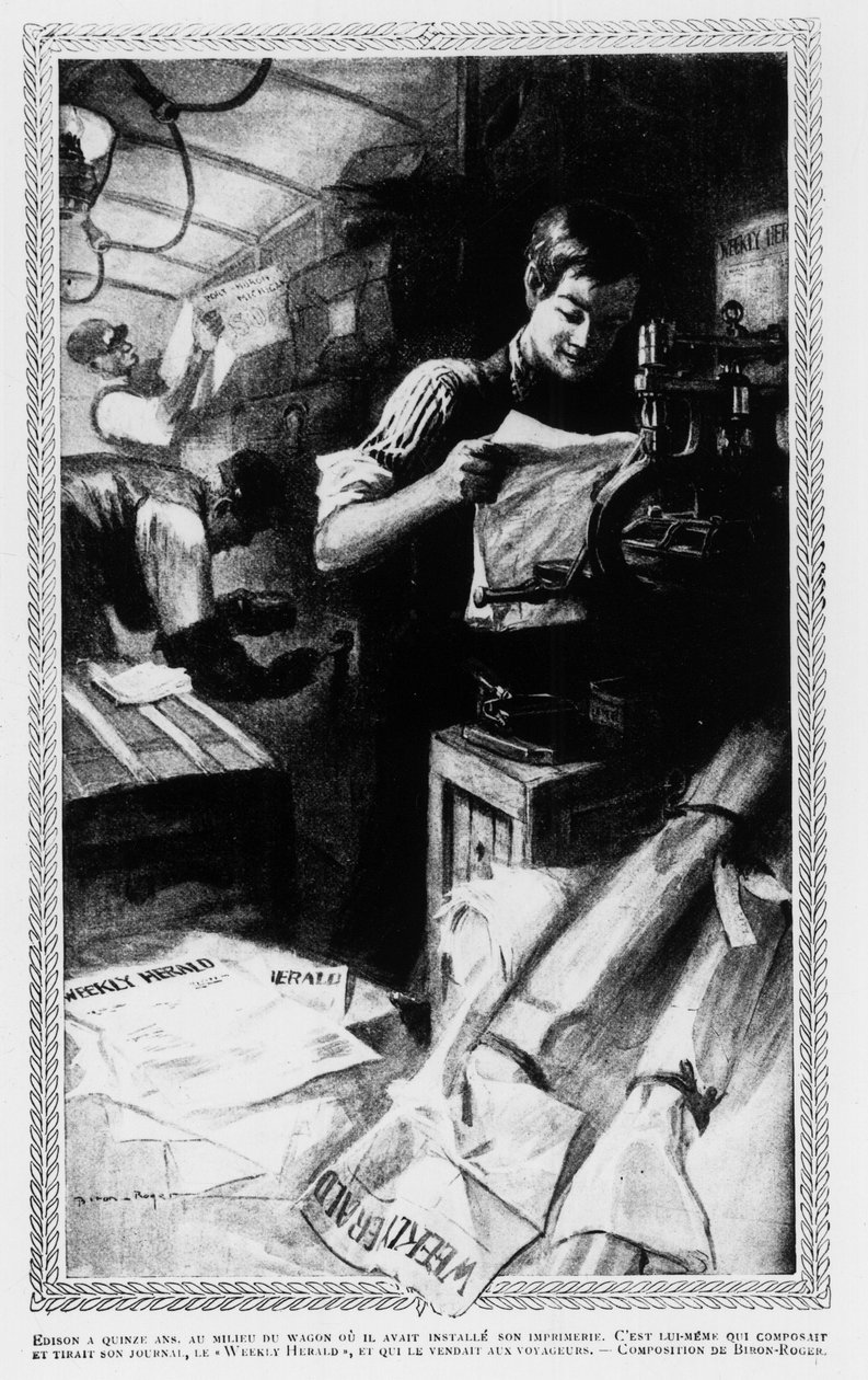 Edison, op 15-jarige leeftijd, in het midden van de auto waar hij zijn drukkerij installeerde. Hij schreef en drukte zijn krant, de Weekly Herald, en verkocht deze aan reizigers. door Unknown artist