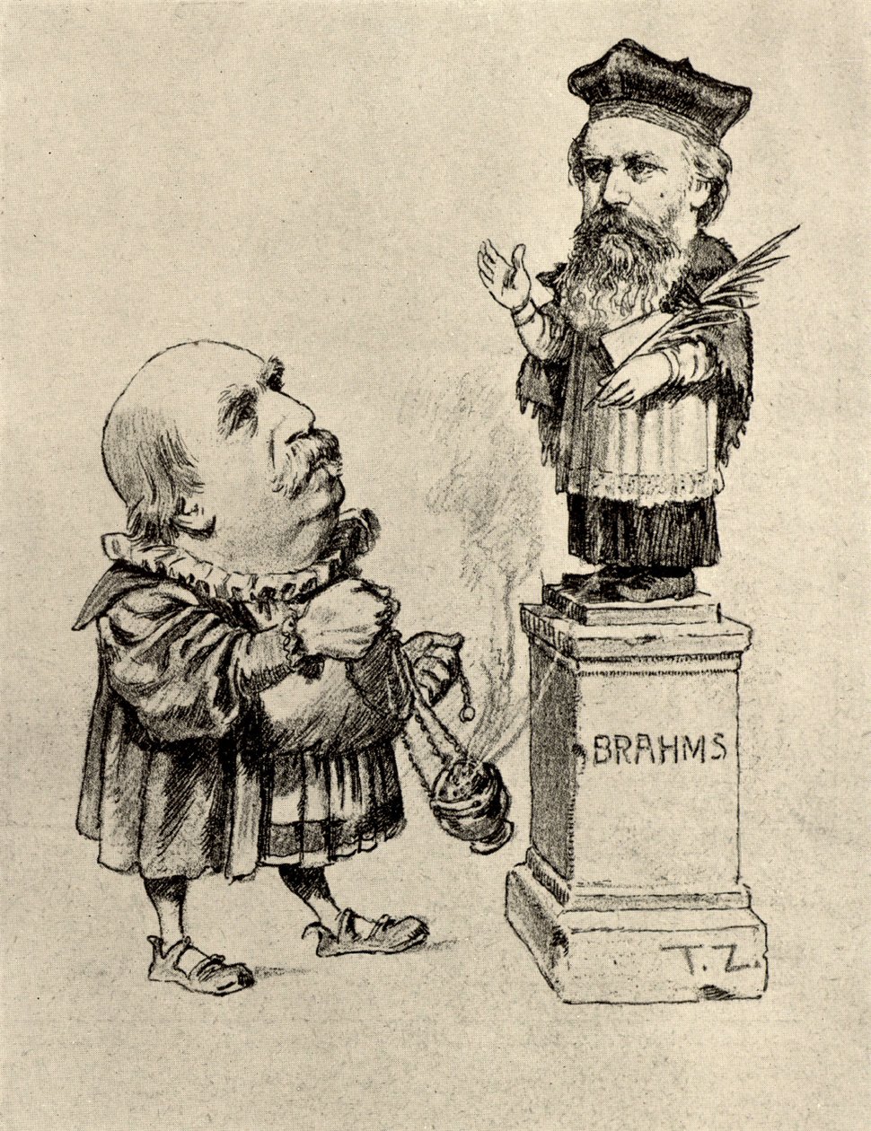 Eduard Hanslick (1825-1904) Oostenrijkse muziekcriticus, aanbiddend Brahms op een voetstuk door Unknown artist