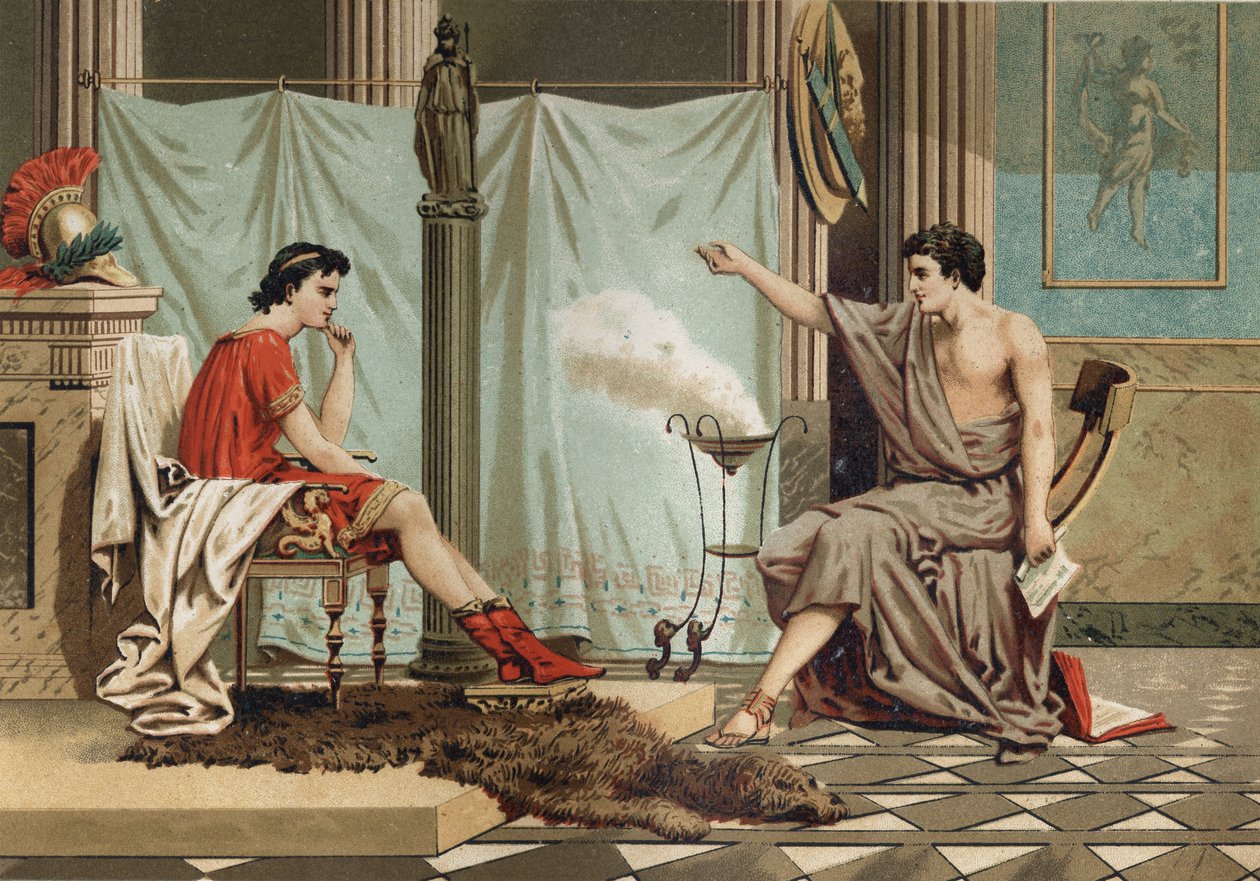 Opvoeding van Alexander de Grote (356 - 323 v.Chr.) door de filosoof Aristoteles (384 v.Chr. - 322 v.Chr.) naar 