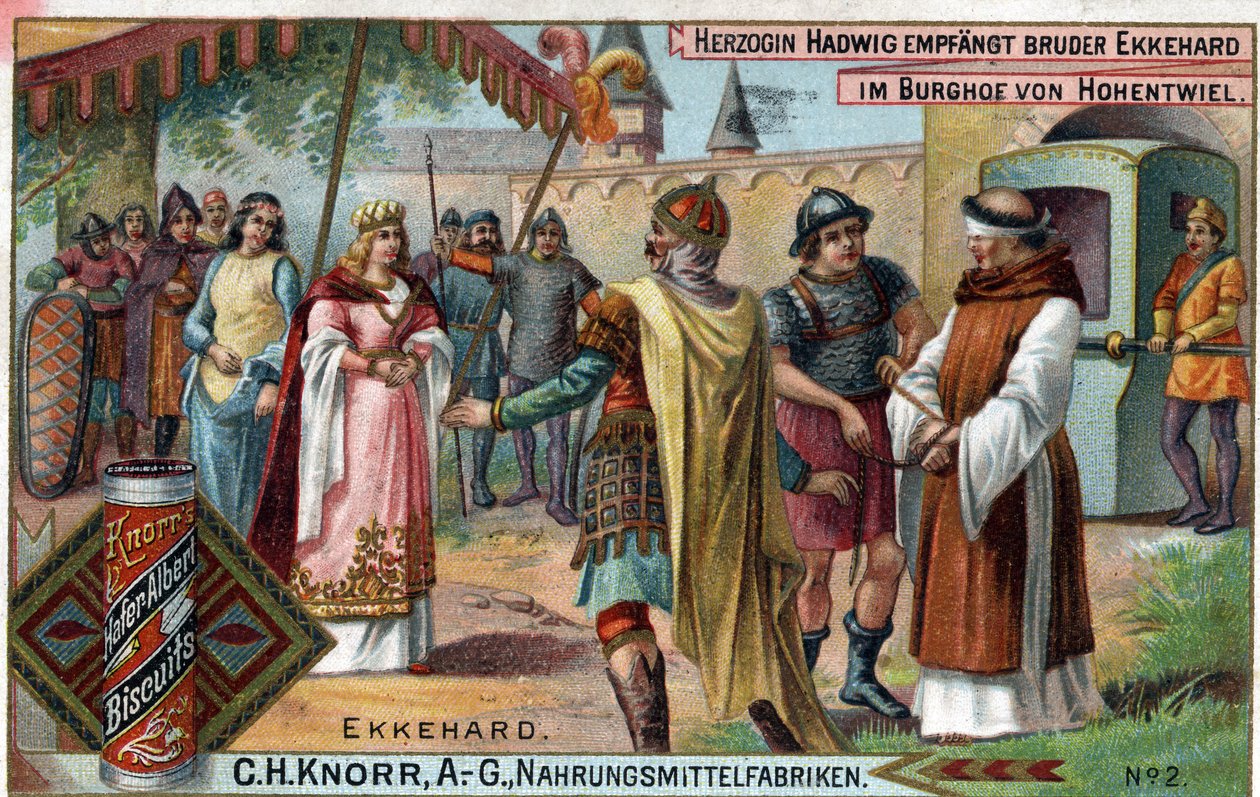 Ekkehard IV van St. Gallen of Eckhard, Eckhart (980-1057) geleerde en Latijnse dichter. Hertogin Hadwig ontvangt Broeder Ekkehard op de binnenplaats van het kasteel van Hohentwiel. Verso: 
