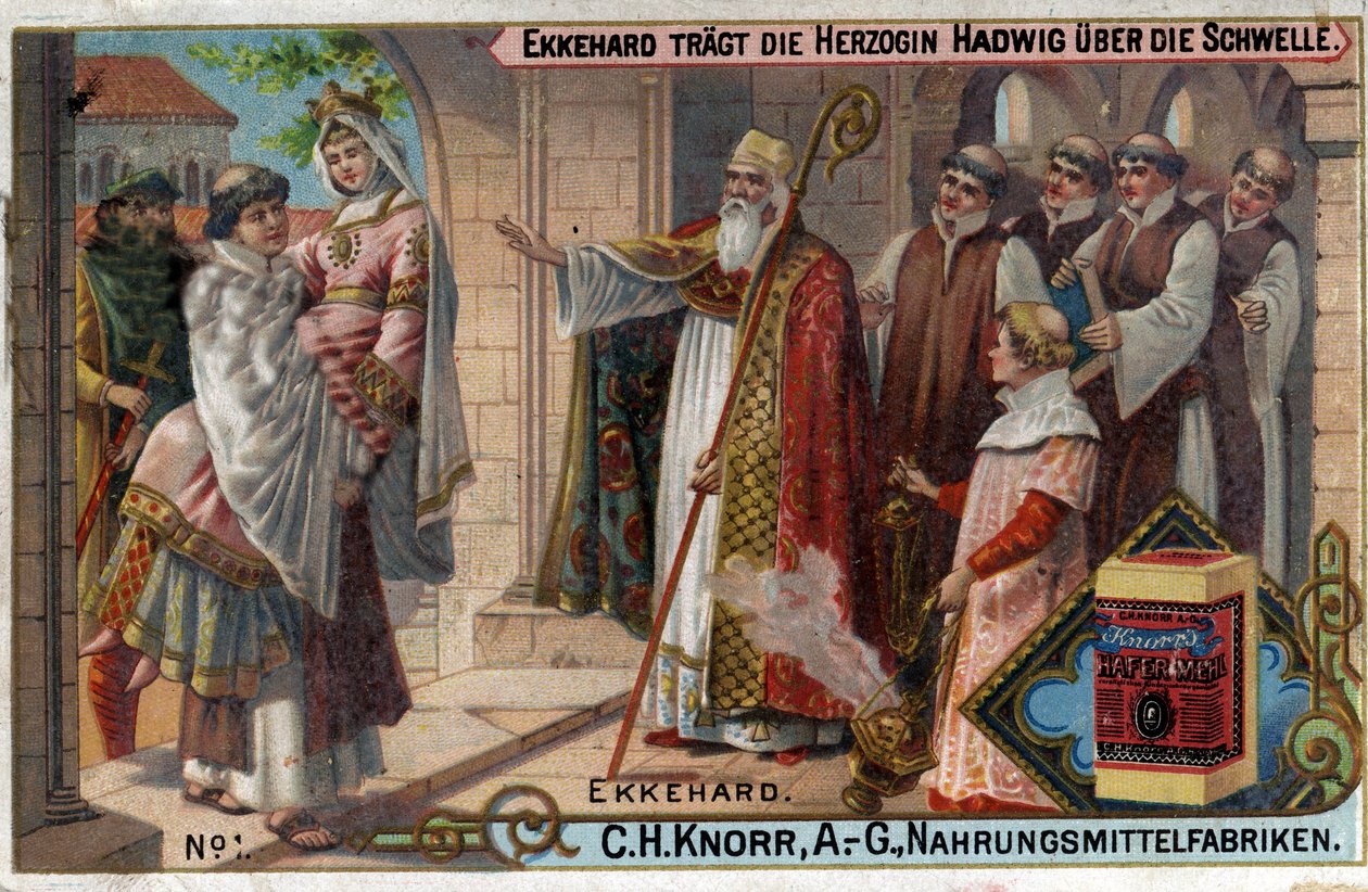 Ekkehard IV van St. Gallen (St. Gallen) of Eckhard, Eckhart (980 -1057) geleerde en Latijnse dichter. Ekkehard laat hertogin Hadwig de drempel oversteken. door Unknown artist