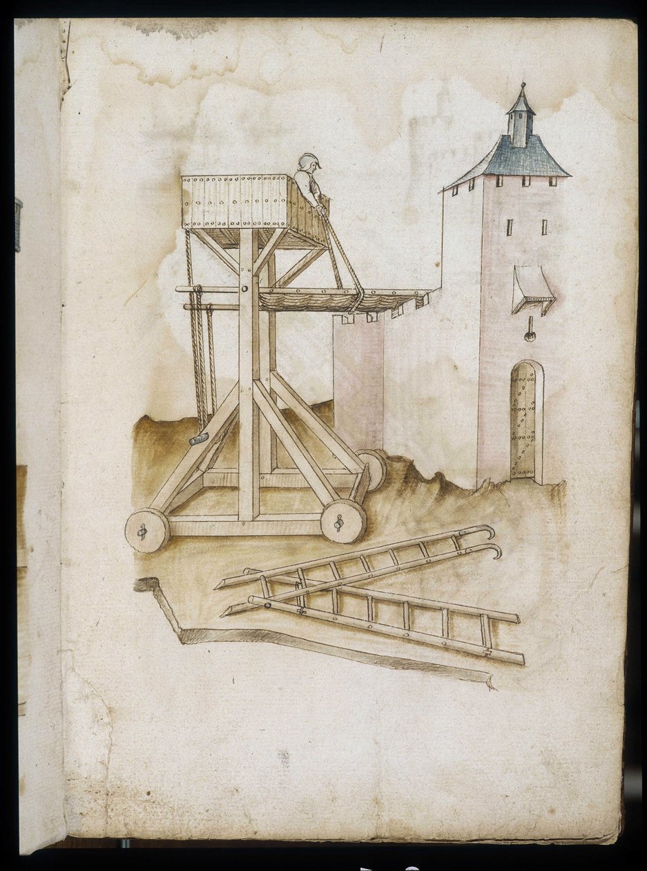 Verhogingssysteem en schalen - Manuscript: perkamentblad van een ingenieurshandboek voor de bouw van civiele, religieuze en militaire gebouwen, anoniem, eind 15e eeuw (figuur in Chinese inkt) door Unknown artist