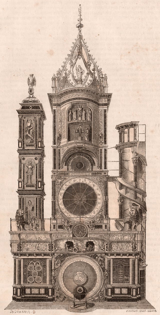 Elevatieaanzicht van de astronomische klok in de Kathedraal van Onze-Lieve-Vrouw van Straatsburg, Frankrijk door Unknown
