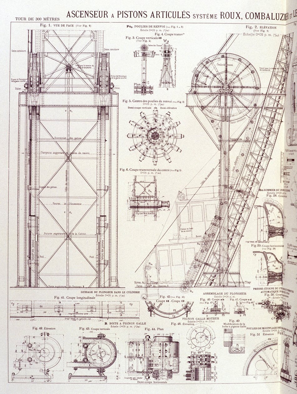 Lift en scharnierende zuigers van de Eiffeltoren (Roux-Combaluzier systeem) - industrieel ontwerp door Unknown artist