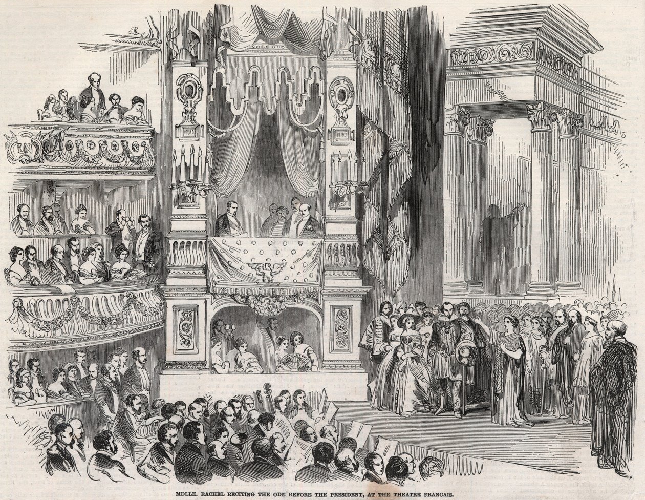 Elisabeth Rachel Felix, bekend als Mademoiselle Rachel (1821-1858), Franse tragedienne, voor Napoleon III in het Théâtre Français in 1852 - Op de vooravond van de proclamatie van het Tweede Keizerrijk verklaarde Rachel op 22 oktober 1852 in het Théâtre Fra door Unknown artist