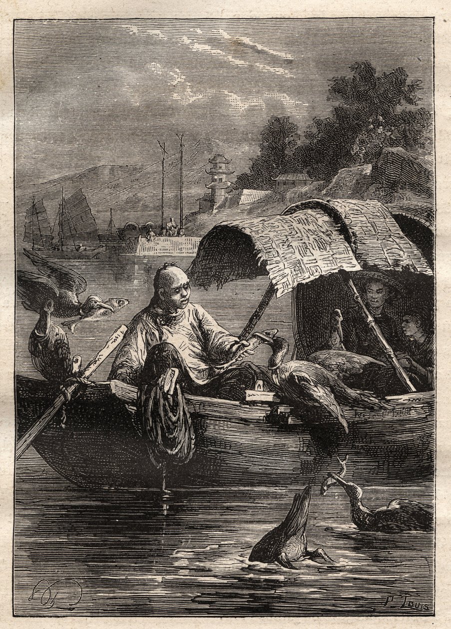 Ambassade van Lord George McCartney (1737-1806) in China (1792-1793): De vogel Leut-ze, staat voor vissen (aalscholvervissen) - illustratie uit 