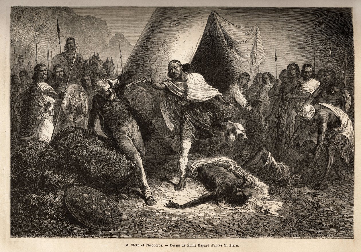 Keizer (of negus) Theodoros II (Tewodros) (geboren rond 1818-1868, voor zijn kroning Kassa Hailu genoemd op het Ethiopische Rijk), bedreigde met zijn geweer de heer Stern, een Engelse missionaris die een biografie van negus schreef, waardoor Theodoros zich door Unknown artist