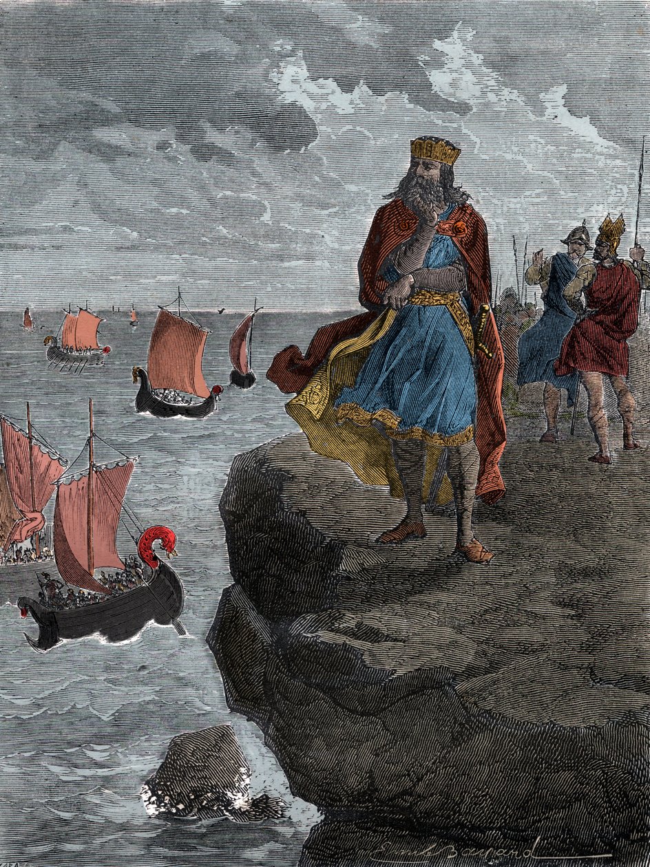 Keizer Karel de Grote (Carlo Magno) kijkt naar de aankomst van Noormannenschepen - Koning Karel de Grote (742/747-814), koning van de Franken, kijkt neer op schepen gevuld met binnenvallende Noormannen door Unknown artist