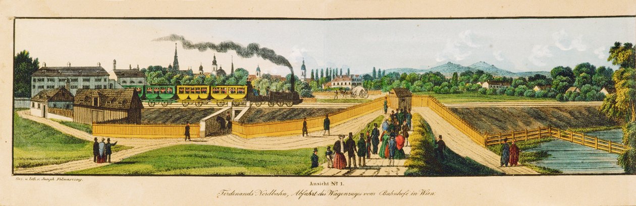 Keizer Ferdinand Spoorweg: De trein verlaat het station in Wenen (kleurenlitho) door Unknown Artist
