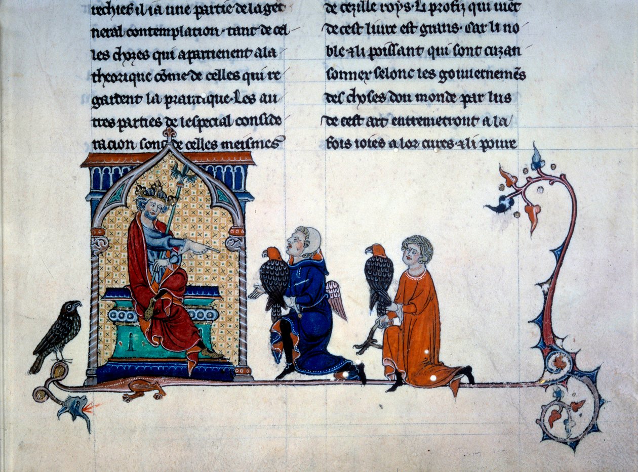 Keizer Frederik II (1194-1250) ontvangt miniatuur valkeniers uit De arte venandi Cum avibus door Unknown artist