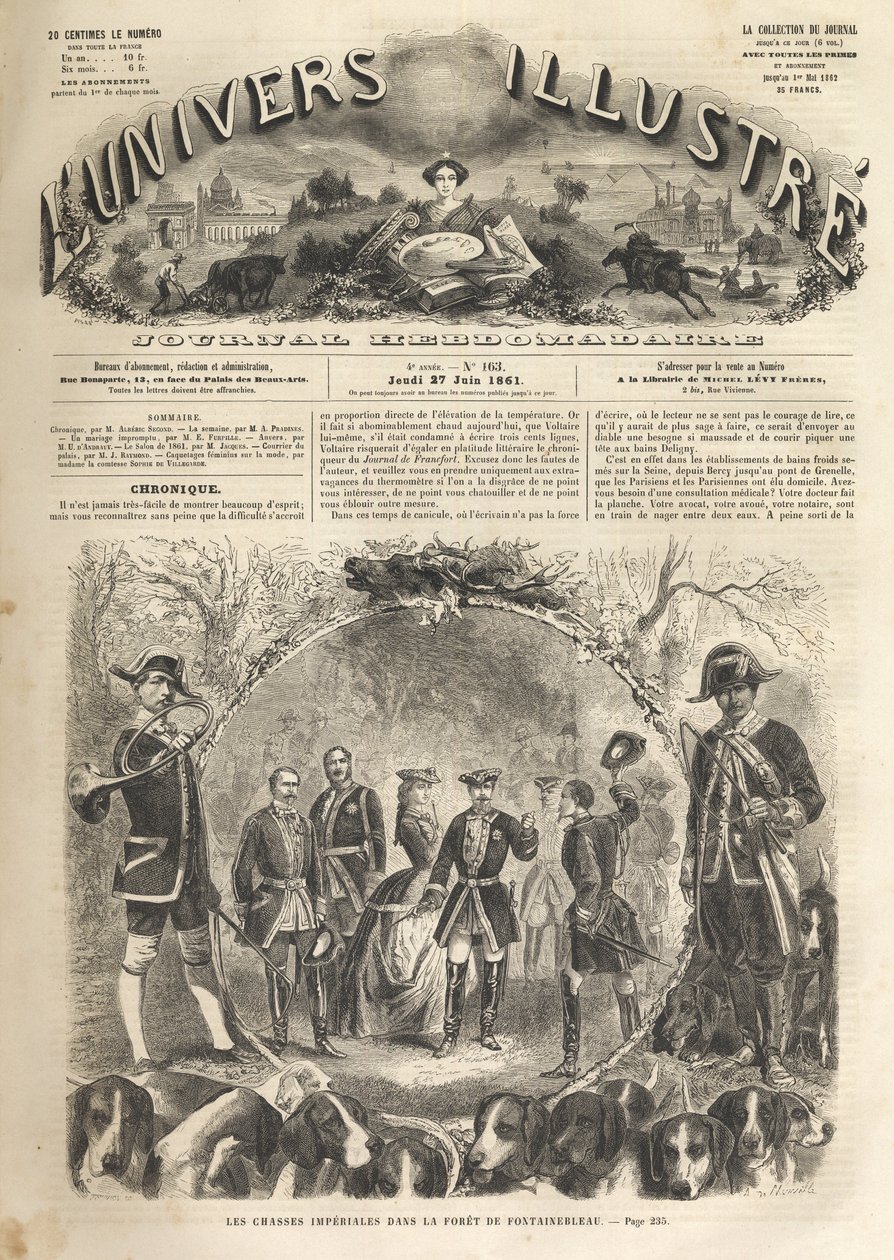 Keizer Napoleon III op jacht in Fontainebleau - 1861 - Keizerlijke jacht in Fontainebleau in aanwezigheid van Napoleon III en keizerin Eugenie. Het illustere universum van 1861 door Unknown artist