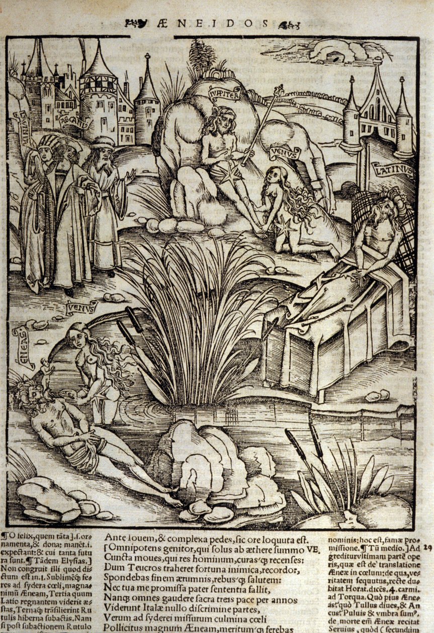 Eneide van Virgil (70 v.Chr.-19 v.Chr.), Boek XII, de Trojaanse held Enee wordt wonderbaarlijk behandeld door Venus, waarna hij besluit de stad van Latinus te bestormen. De koning van Lazio sterft (rechts) en Enee zal koning worden door te trouwen met de d door Unknown artist