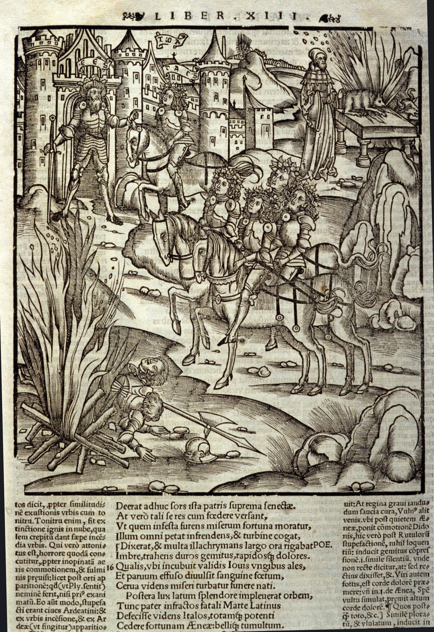 Eneide van Virgil (70 v.Chr.-19 v.Chr.), boek XIII (supplementum), de Trojaanse held Enee ontvangt de Latijnen, offers worden gebracht ter ere van de oorlogsslachtoffers. Houtsnede door Sebastian Brant (1458-1521). Straatsburg door Unknown artist