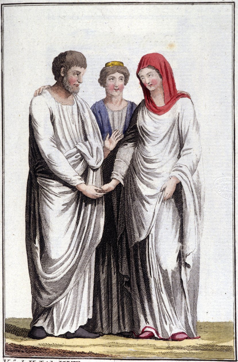 Verloving of huwelijksbelofte: dextrarum iunctio of vereniging van rechterhanden. Gravure uit de 19e eeuw. door Unknown artist