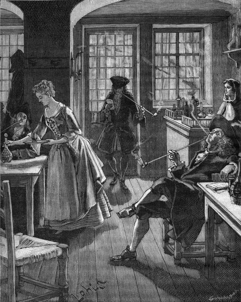 Engeland, eind 17e eeuw: mannen roken in een café. Gravure uit de 19e eeuw. In 