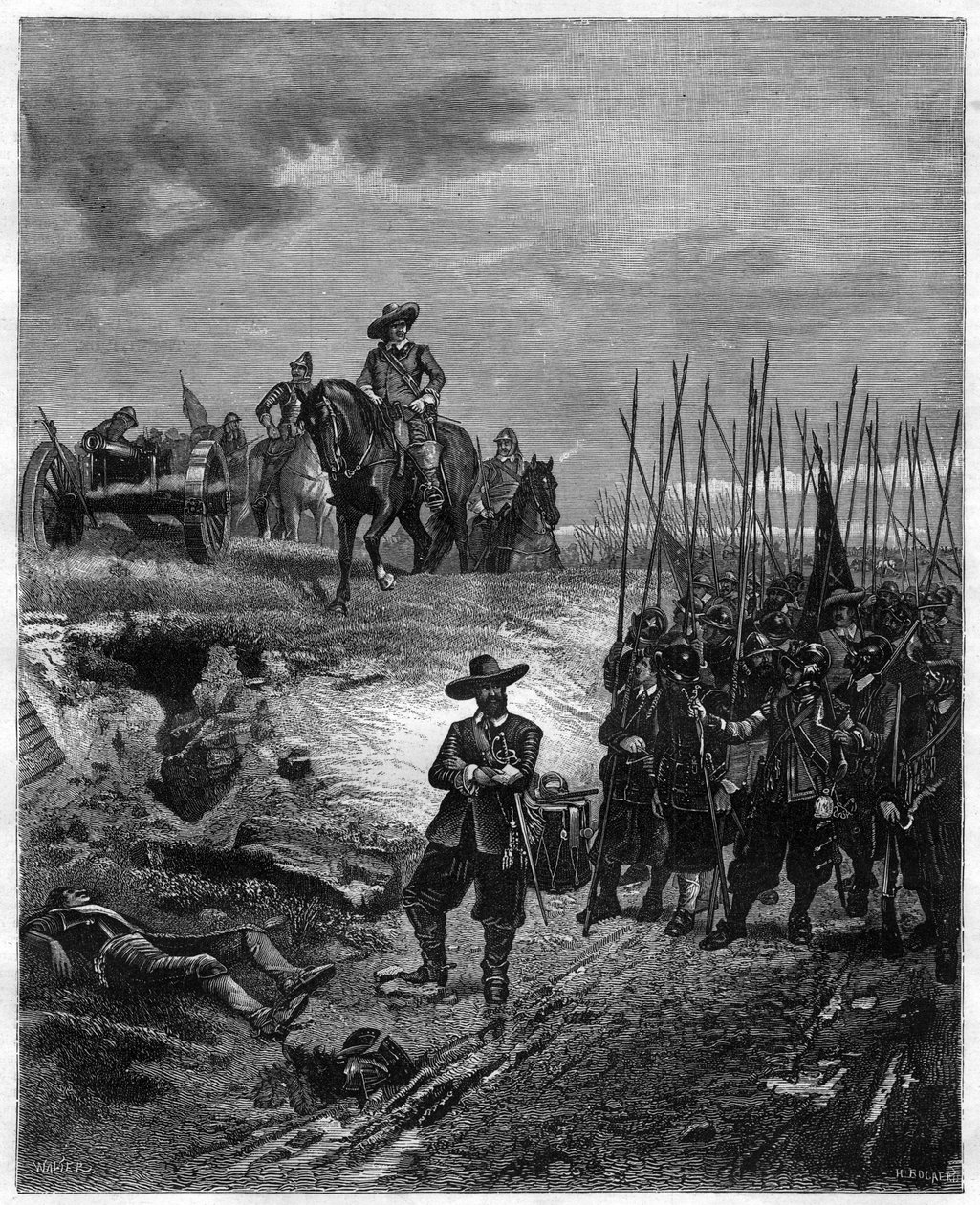 Engelse Burgeroorlogen: Oliver Cromwell (1599-1658) bij de Slag bij Marston Moor, 2 juli 1644 - Parlementariërs verslaan royalisten onder prins Rupert. Gravure 19e eeuw door Unknown artist