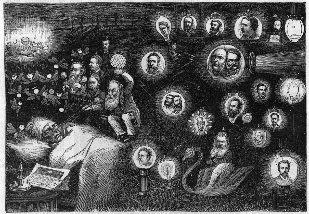 Engelse elektrische cartoon. - De droom van een gasbedrijf. Sir Henry Chatley Tyler, Britse promotor van het Brush-systeem. - Georges Offor, hoofdingenieur van South Eastern Brush Electric Co. - Robert Hammond, promotor van Hammond Electric Light and Power door Unknown artist